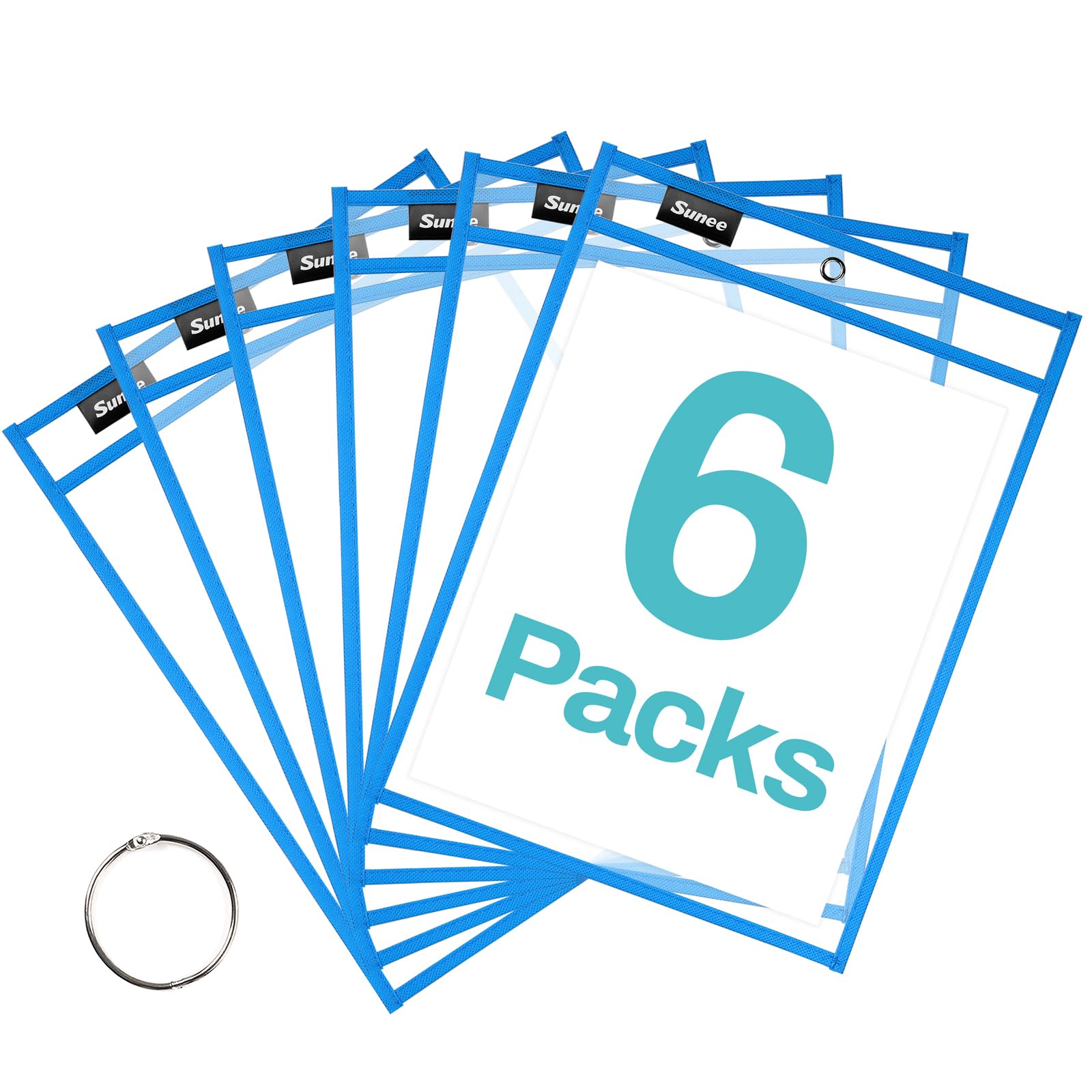 SUNEE 6 Packs Oversized Reusable Dry Erase Pocket Sleeves with Ring, Blue 10x14 Ticket Holders, Clear Plastic Sheet Protectors, Teacher School Classroom Supplies