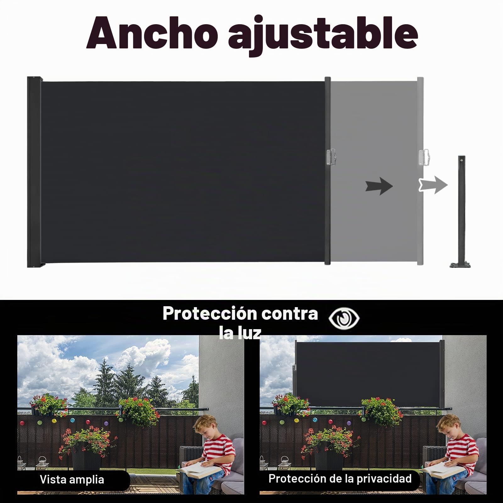 NAIZY Toldo Lateral retráctil 100x300 cm Protección de privacidad retráctil 100% poliéster Toldo UV con asa para balcón, terraza y jardín - Antracita