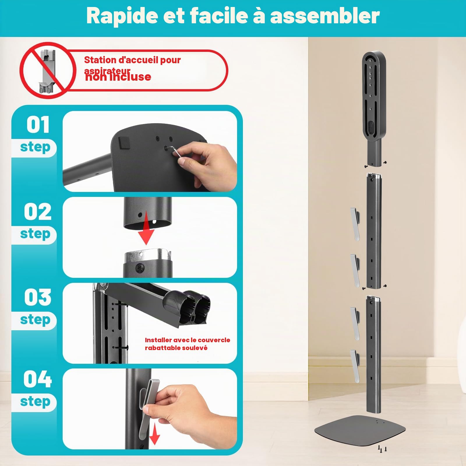 FrontLine Support pour aspirateur Dyson Gen5 V8 V15 V12 V11 V10 V7 V6, rangement mural stable en métal sans perçage, organiseur peu encombrant avec 4 crochets pour aspirateur sans fil Dyson et