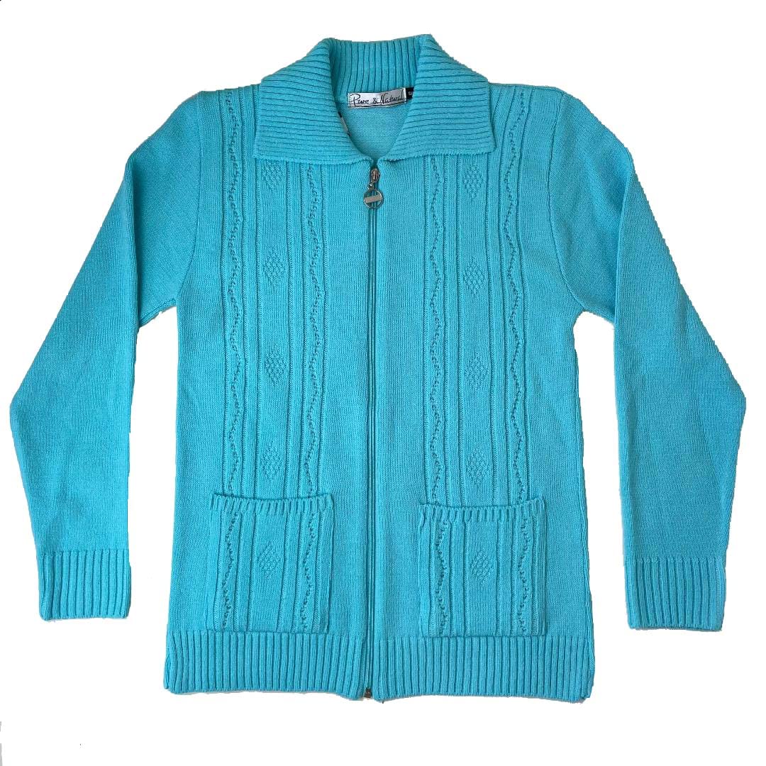 F & S Ltd Women's Aqua Pattern Knitted Cardigan Zip Up Closure With Pockets Size S-Xl (, L-Xl)