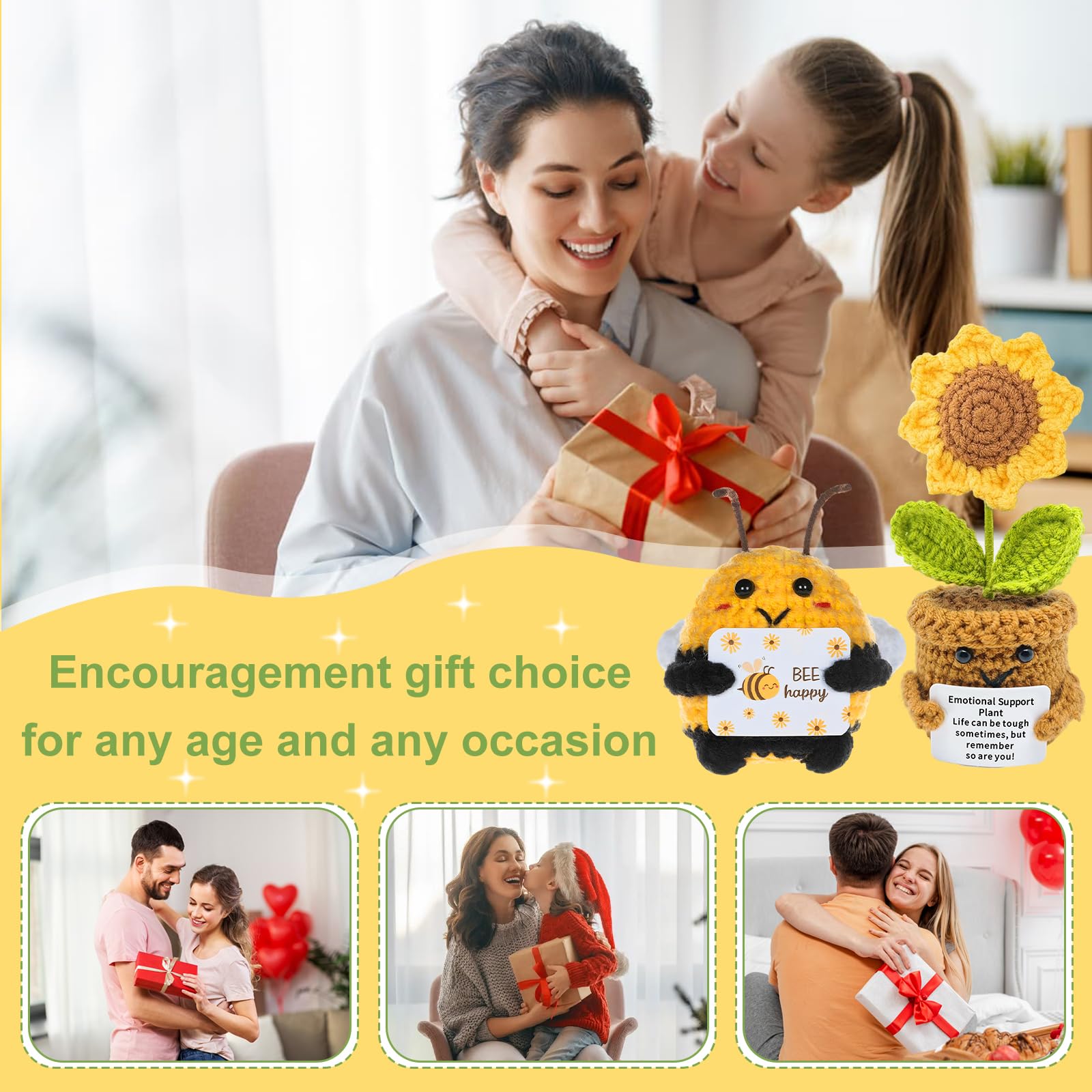 Abbraccio Tascabile Girasole Piccoli Regali, Abbraccio Tascabile Ape Portafortuna Regali, Peluche all'uncinetto per Regalo Incoraggiamento, Regalo Iscrizione Scuola (2 Pezzi)