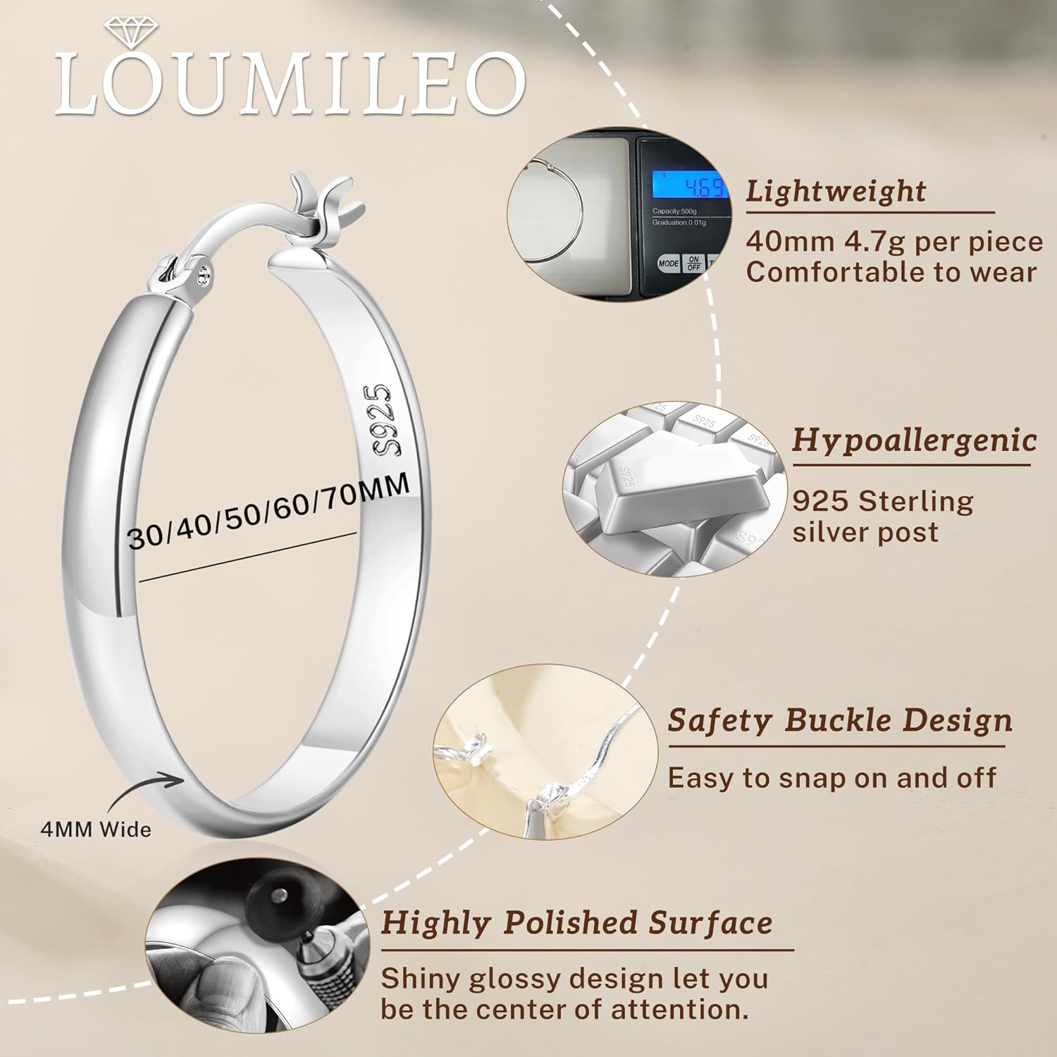 LOUMILEO 4mm Wide Large Silver Hoop Earrings Lightweight 925 Sterling Silver Hoop Earrings for Women Hypoallergenic Big Thin Hoops Earring for Women 30/40/50/60/70MM - Image 4