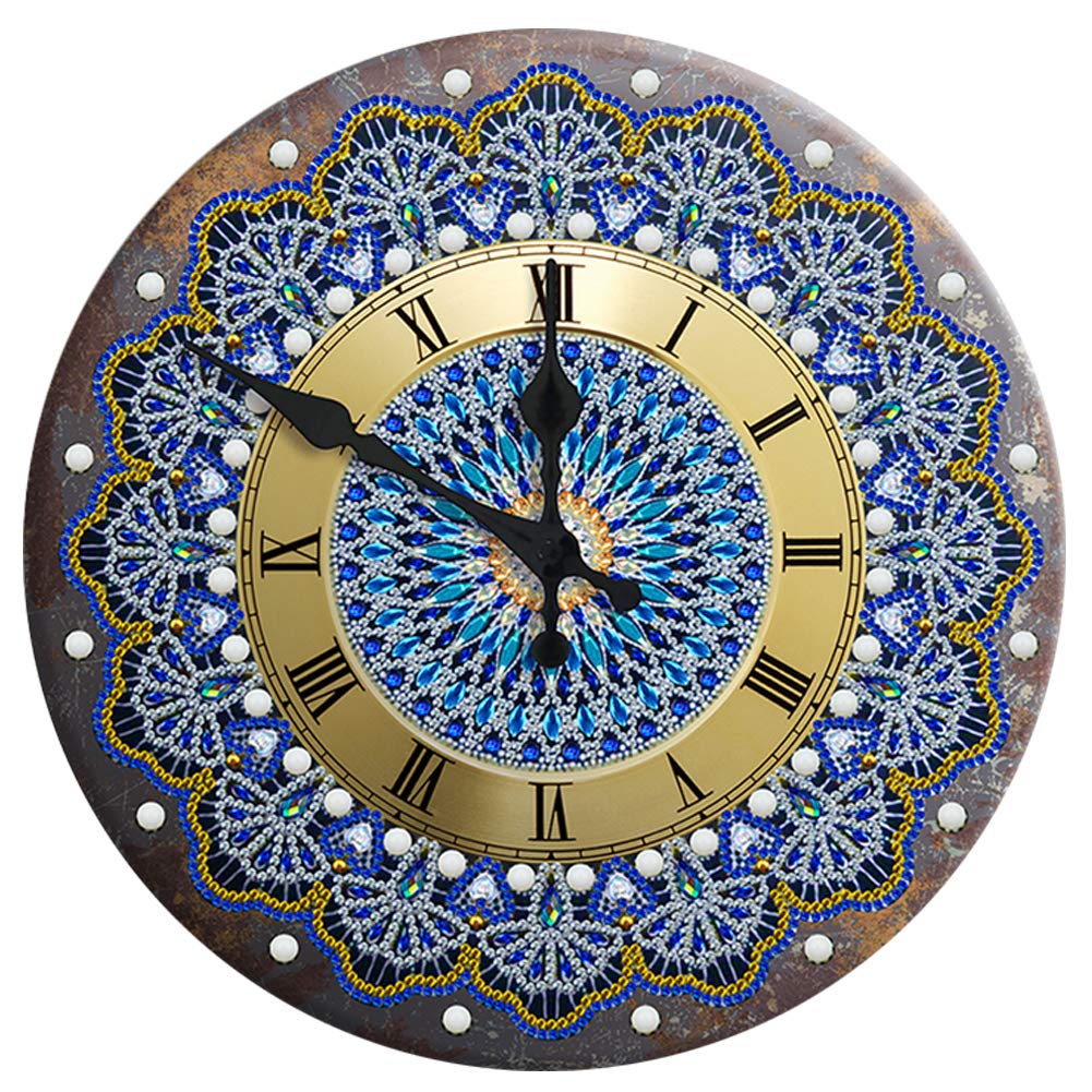 LUSandy DIY 5D Diamond Painting Clock Kits for Adults Blue Mandala Partial Drill Special Shaped Metal Art Wall Clock Crystal Rhinestone Diamond Painting by Number Mosaic Art Home Wall Decor