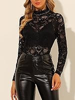 Vista 2 de Allegra K Camiseta de manga larga de encaje para mujer, transparente, ajustada, cuello alto falso, sexy