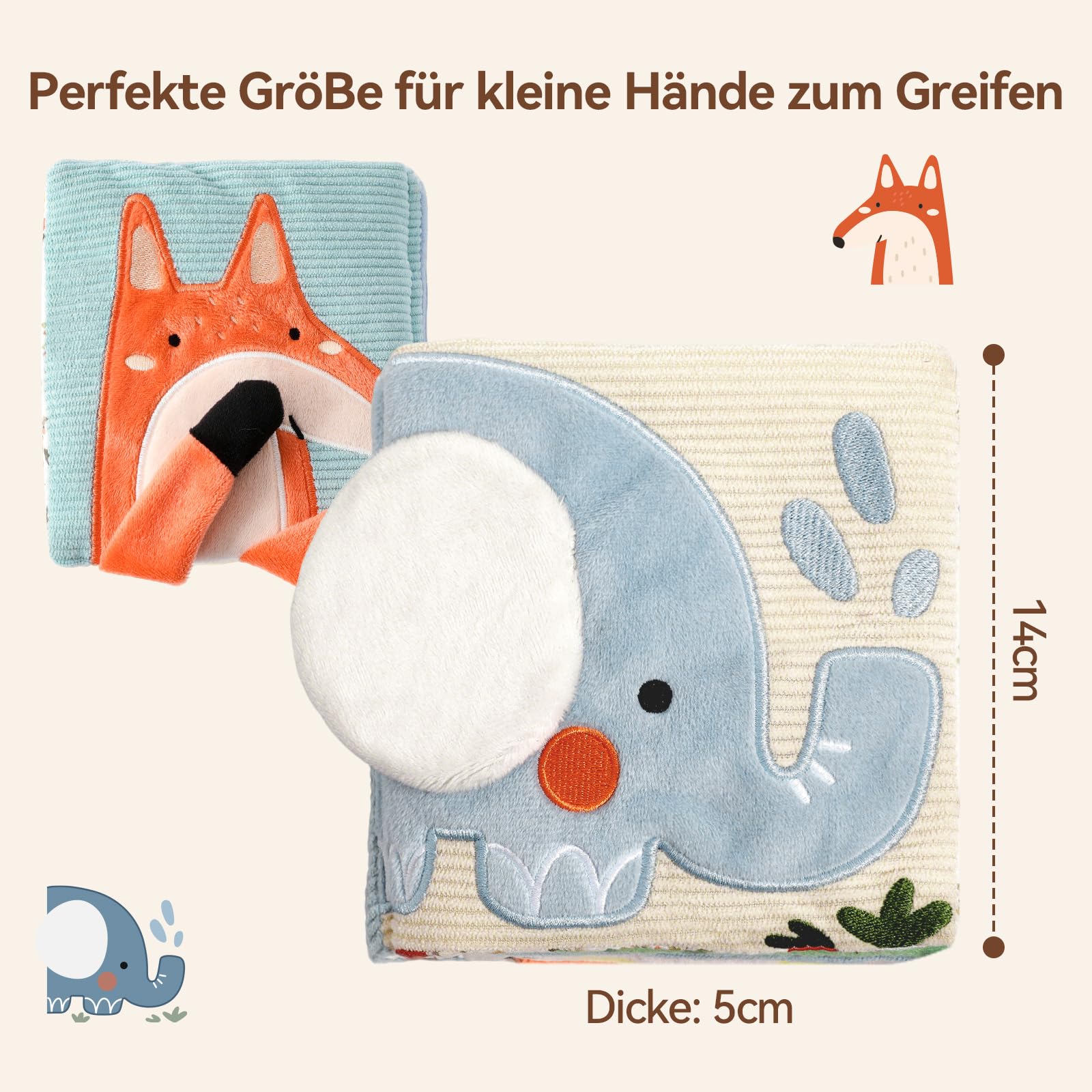 WOODEN TEETHER Livre de bébé en tissu avec miroir, jouet pour bébé de 0 à 6 mois - Livre sensoriel interactif - Livre d'or crépitant pour bébé - Cadeaux pour nouveau-né - Éléphants