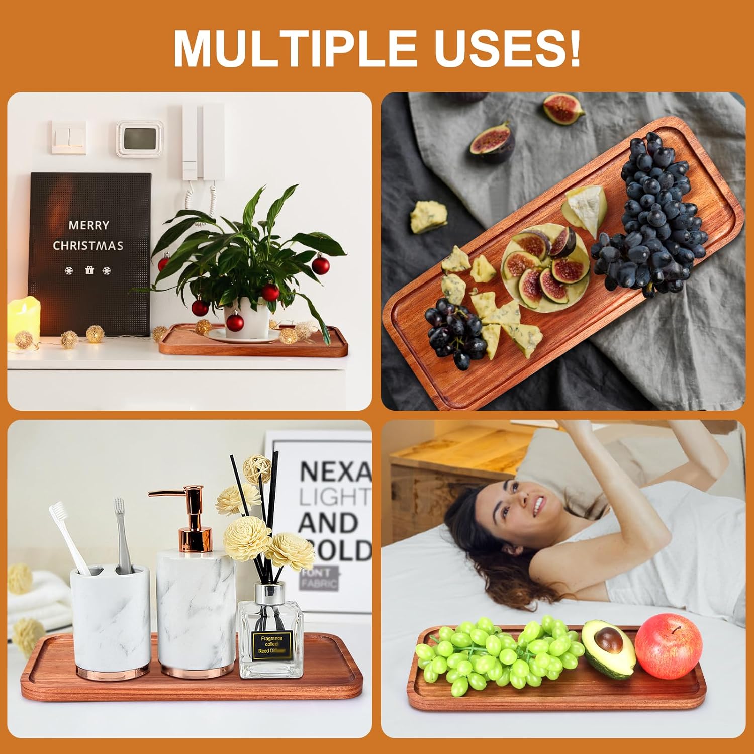 Wooden Serving Platters Long Charcuterie Boards Acacia Wood Decorative Trays for Home Decor Cheese Board Snack Appetizer Plates Kitchen Dinner Tray for Food Dish Rectangle Cake Dessert Platter - Image 6