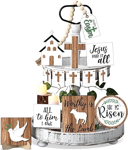 Juego de 15 piezas de decoración de bandeja escalonada de Pascua decoración de mesa letreros de madera de granja decoración de cruz de madera con