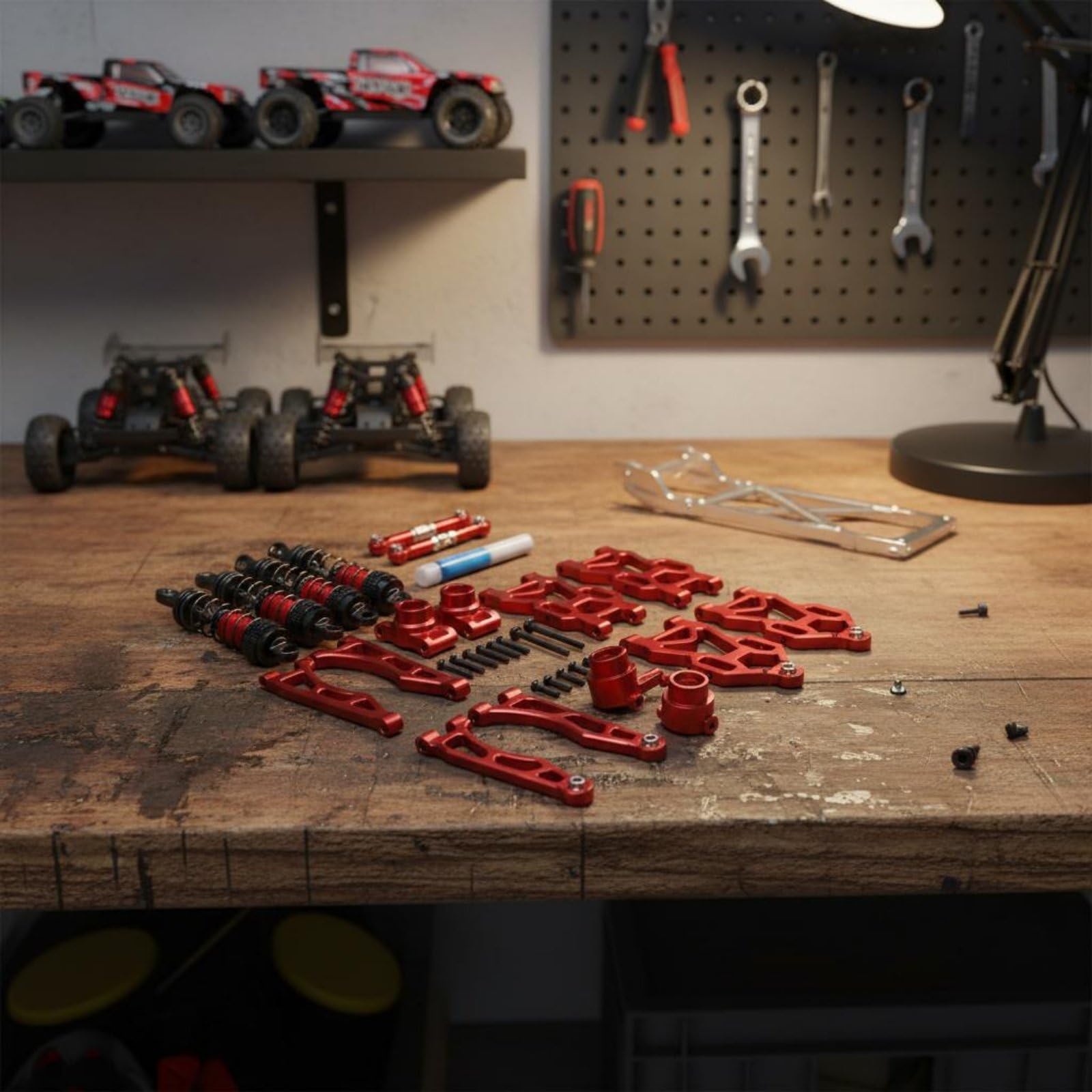 Vehicle Compon Kit Sospensione Auto Radiocomandata Ammortizzatori in Alluminio Regolabili Tiranti Robusti Snodi Sterzo CNC Pacchetto Aggiornamento, Red