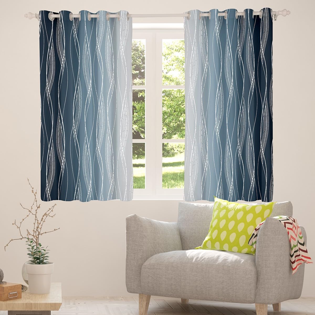 Homewish Navy Blue Greyish White Ombre Curtains & Drapes Geometric Gradient Window Curtains for Boys Bedroom 2 Panels 46" Wx54 L - Image 4