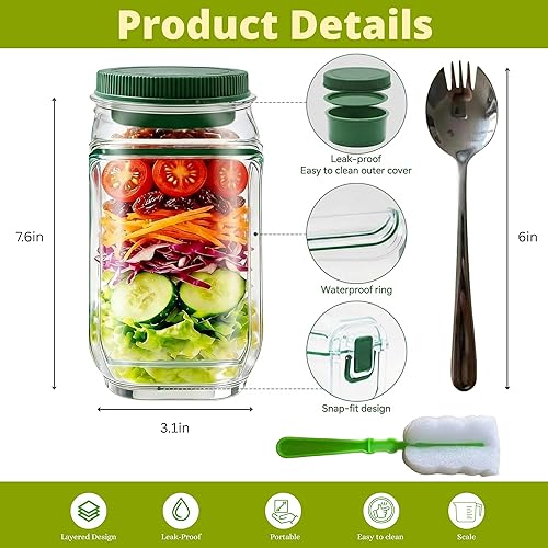 Miniatura 2 de Salad Pod Mason Jar Side Open For Office, Travel, Gym & Picnic With Dressing Cup & Lid - Leak Proof Salad Container For Lunch - Safe, User-Friendly