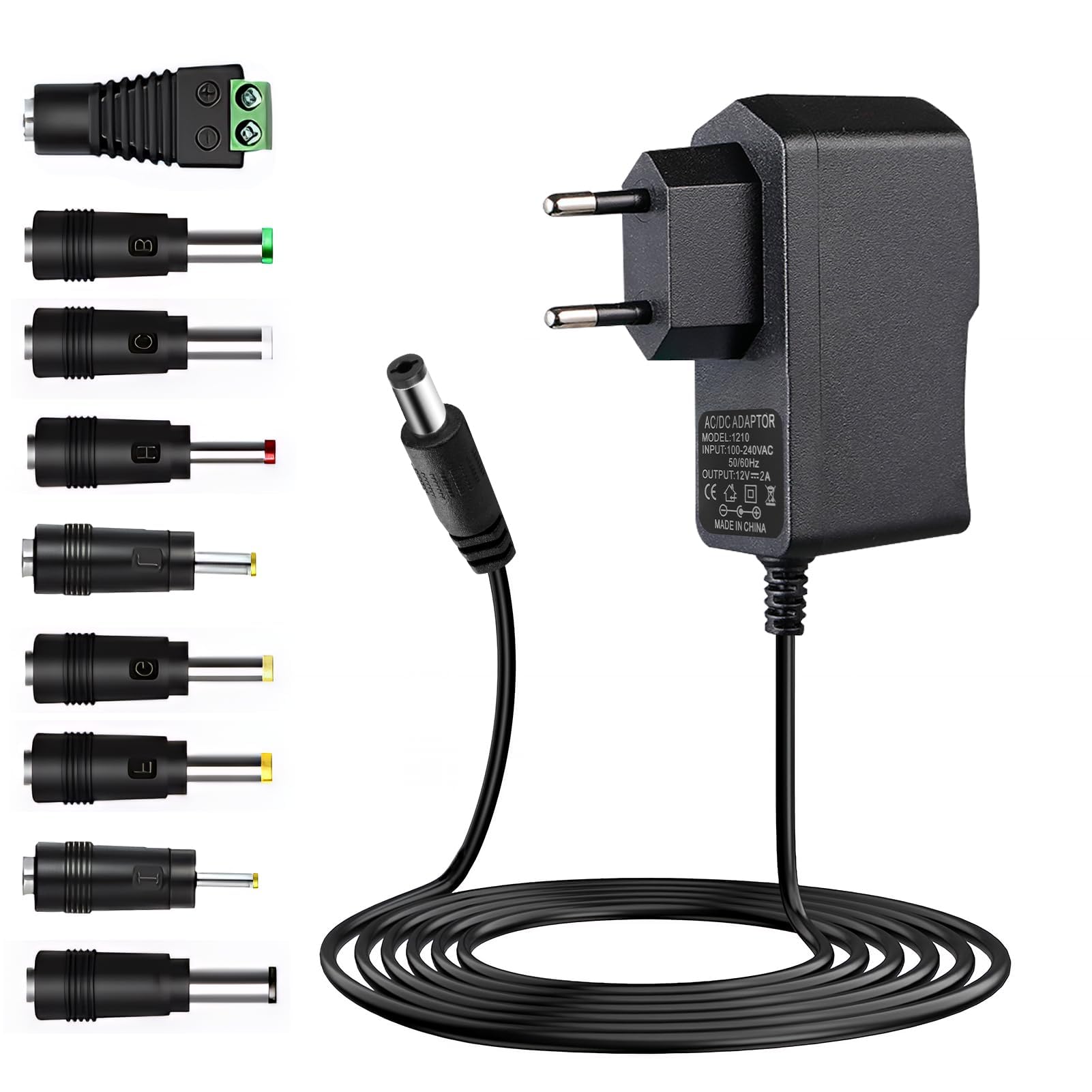 Fuente de Alimentación Universal 12V 2A, AC DC Adaptador con 9 DC Enchufes, Power Supply 100-240V 50/60Hz, Cargador DC 5.5mm X 2.1mm para Tiras LED Cámara CCTV Router WLAN Ventilador Caso Caja de TV