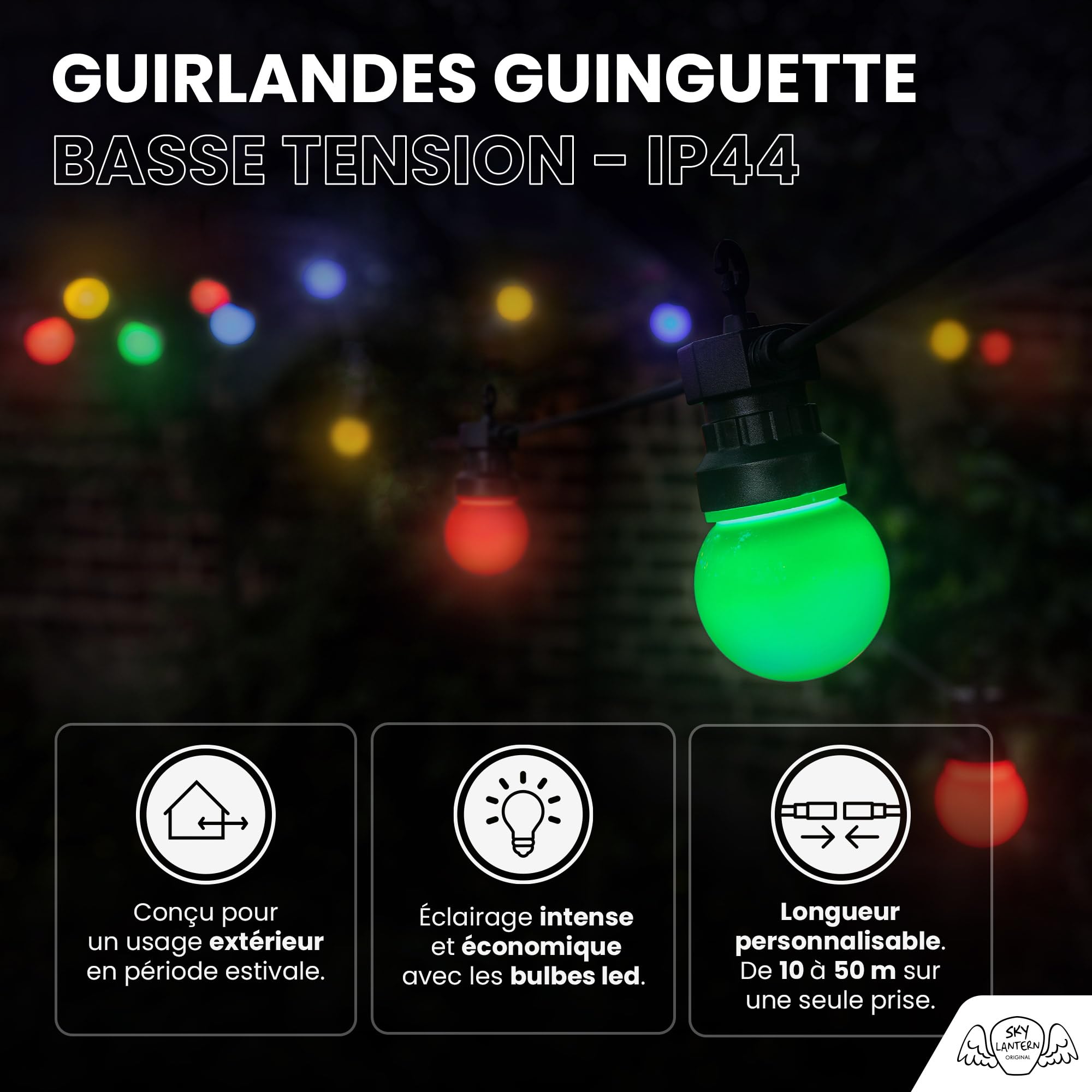 Guirlande Guinguette Multicolore 10M IP44 - Guirlande Lumineuse Exterieure 10 Bulbes Bleu Rouge Jaune Vert pour Terrasse et Jardin