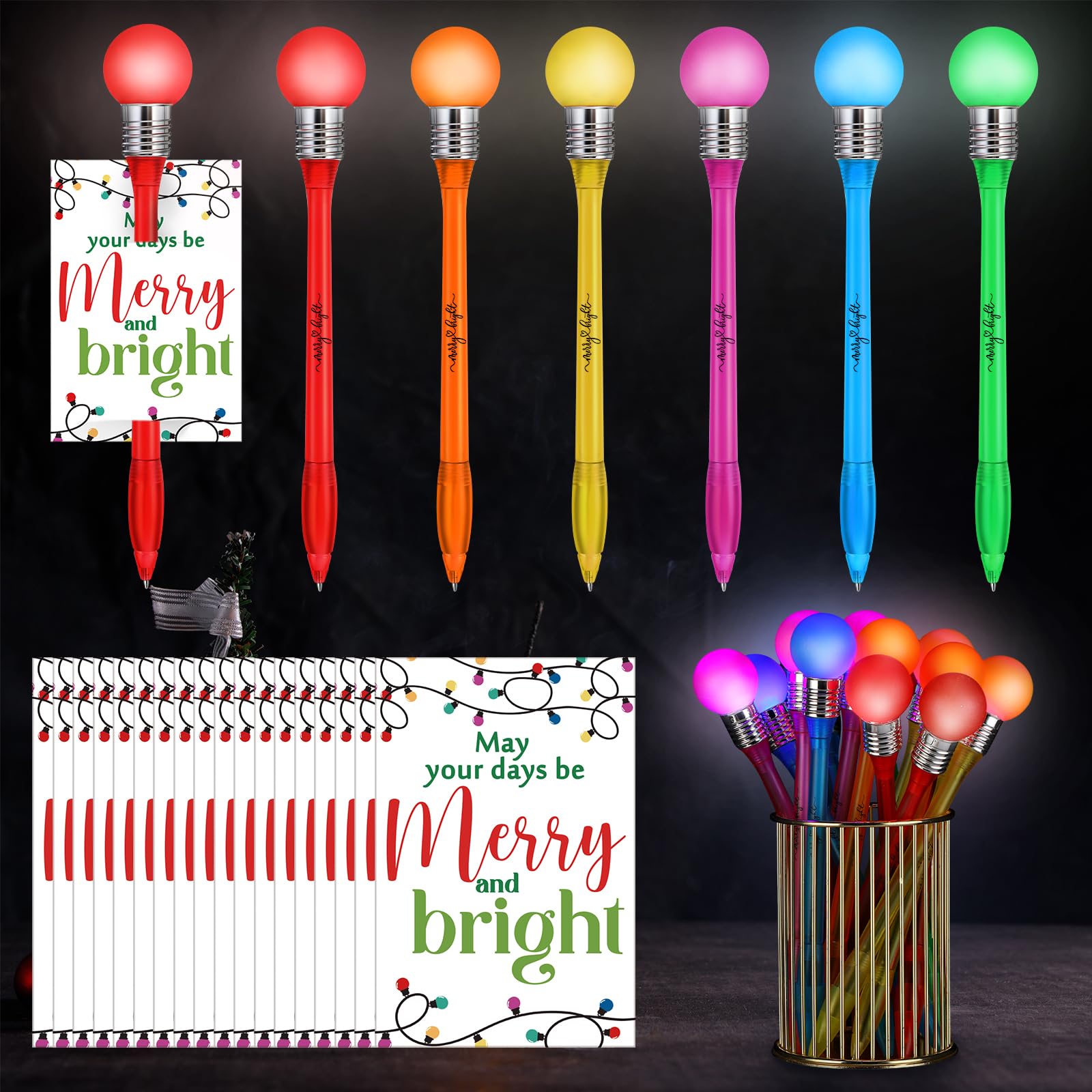 Qilery 54 Set Light up Christmas Bulb Pen with Christmas Tags Christmas Party Favor Accessory Black Ink LED Ballpoint Pens Xmas Goody Bag Filler for Kid Adult Students Holiday Office School