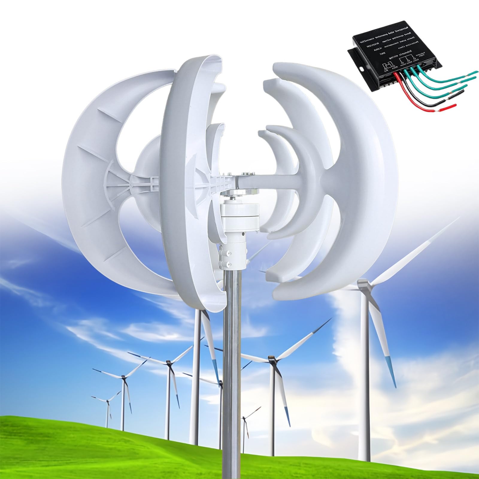 12000W Wind Turbine Generator, 12V/24V/48V 5 Blades Vertical Wind Turbine Kit, 3 Phase AC Generator, Low Wind Speed Starting Wind Power Generator with Controller for Home, Boat, Camping,White-48V
