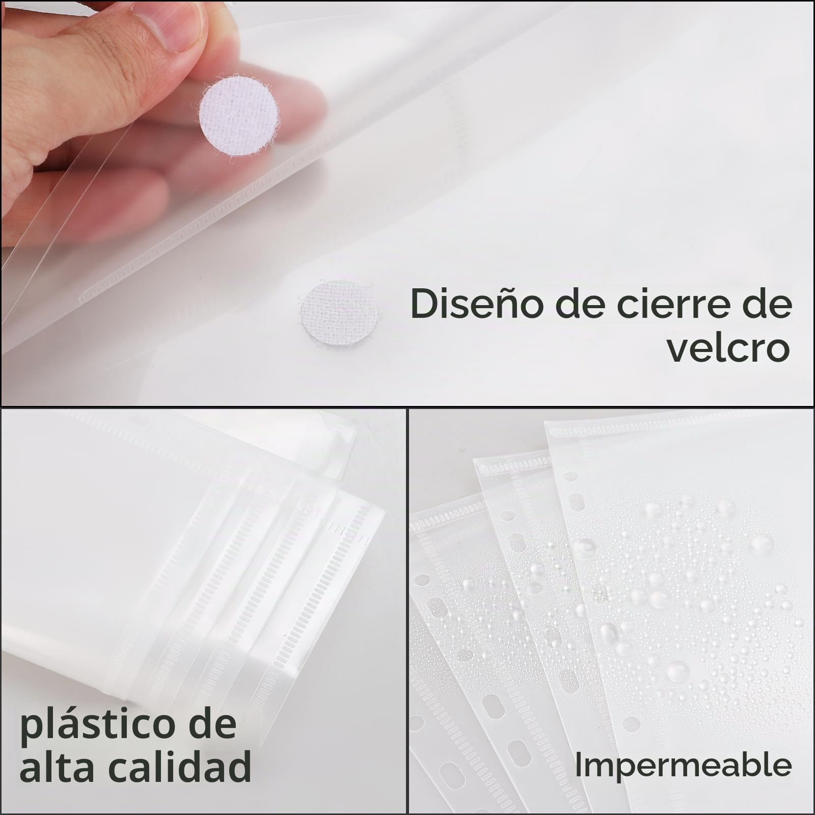YOUNTHYE 50 Fundas de Plástico A4 Perforadas, Bolsas Transparentes para Documentos con Cierre de Velcro y Etiqueta, 11 Agujeros para Archivador, Oficina, Escuela y Viajes