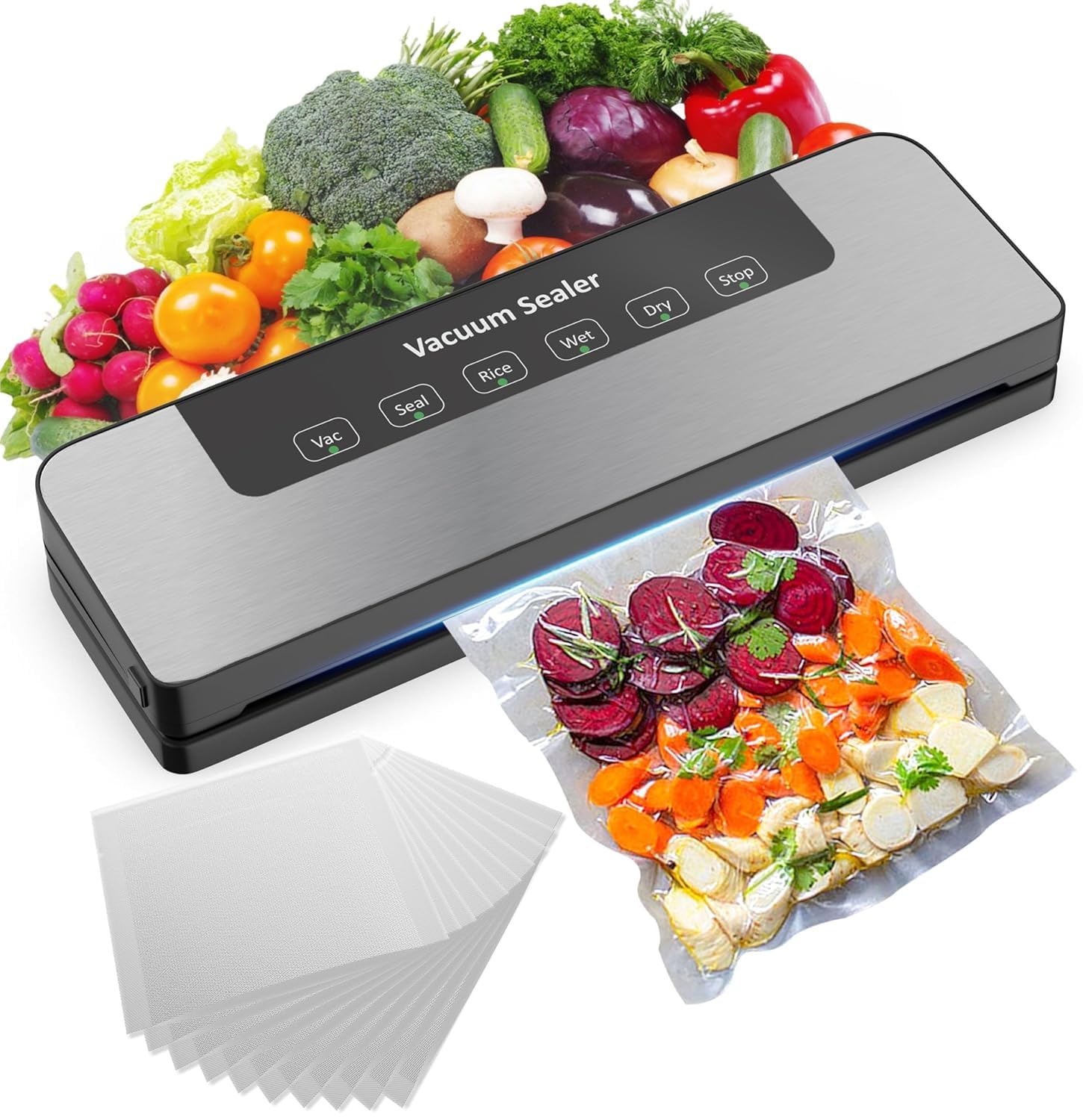 Vacuum Sealer Machine with 65kPa Suction | 5 Modes – Vac, Seal, Rice, Wet, Dry | Includes 10 Bags | Food Saver for Meat, Veg, Grains (Vacuum Sealer With 10 Bags)-image-7
