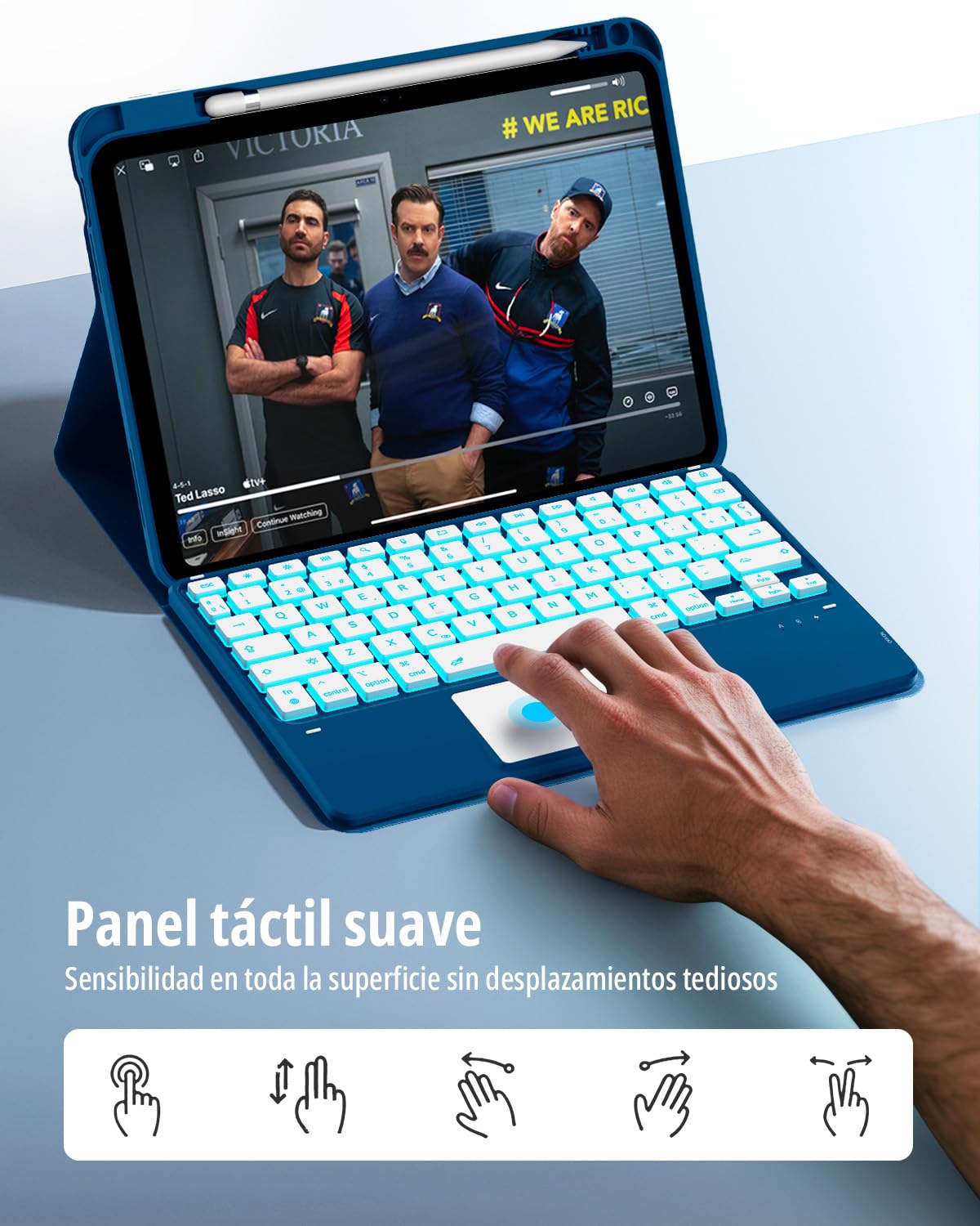 CACOE Funda con Teclado para iPad 11.ª Gen (A16) / 10.ª Generación (11/10.9 Pulgadas) 2025/2022, con Touchpad, Iluminación de 7 Colores, Magnético Desmontable Bluetooth, Azul Océano