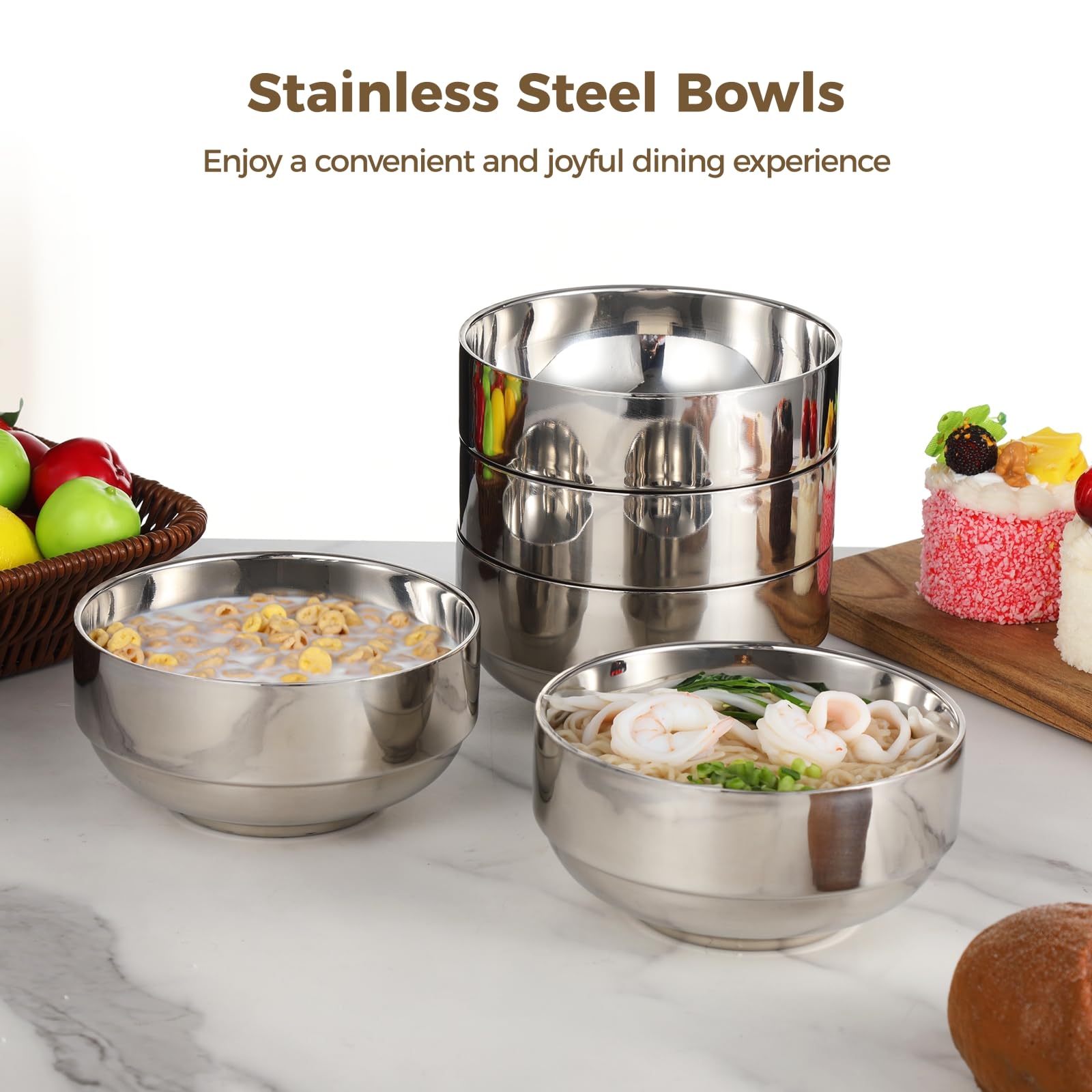 8 Stk. Edelstahl-Schalen, doppelwandig isolierte Metallschalen, robuste Schalen für Suppe und Müsli, stapelbar zum Servieren von Speisen, vielseitig für Nudeln, Dessert, Salat und Vorspeisen