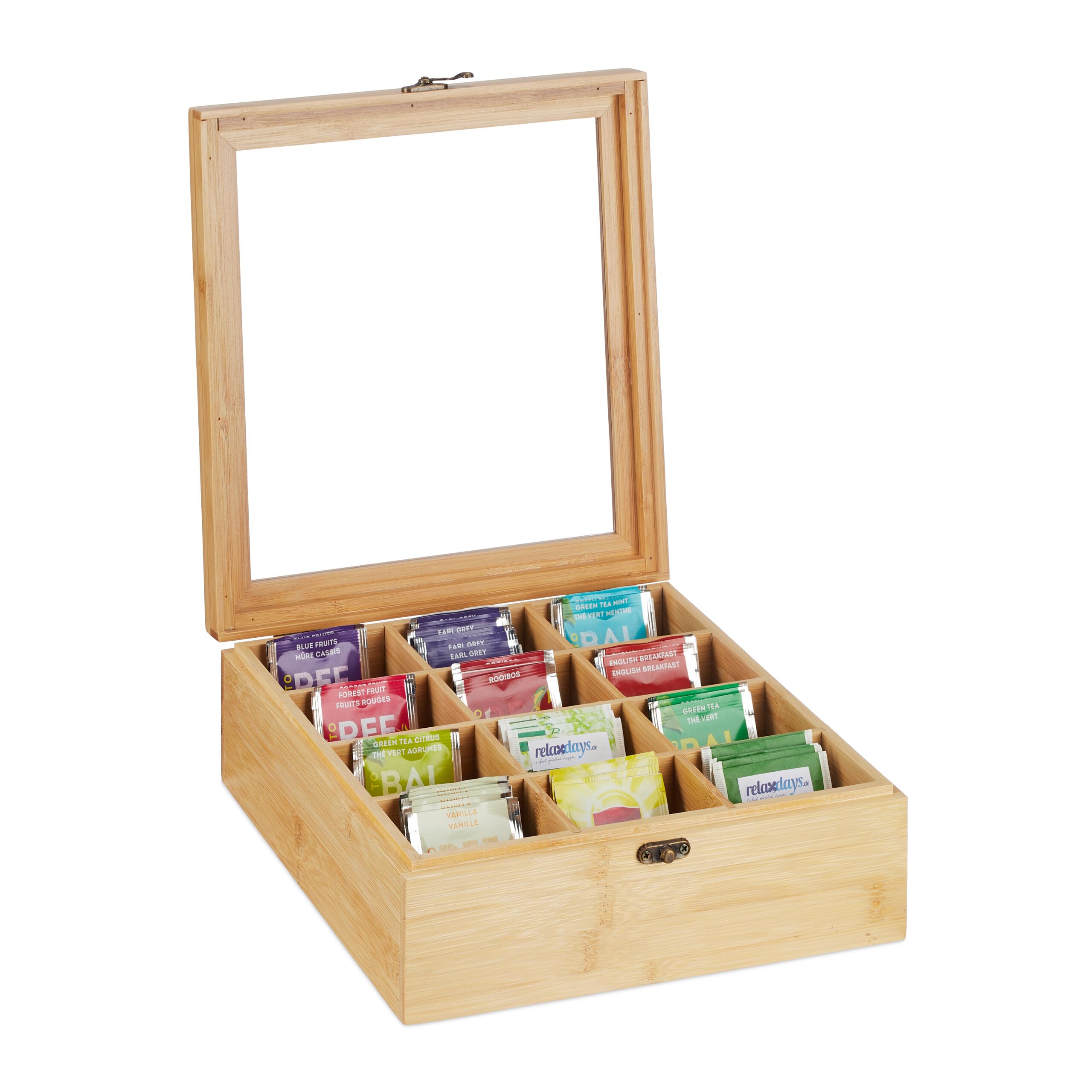 Relaxdays Organiser, 12 Compartments, Bamboo, HxWxD: 9.5 x 26.5 x 28.5 cm, Coffee Pods, Tea Container, Natural