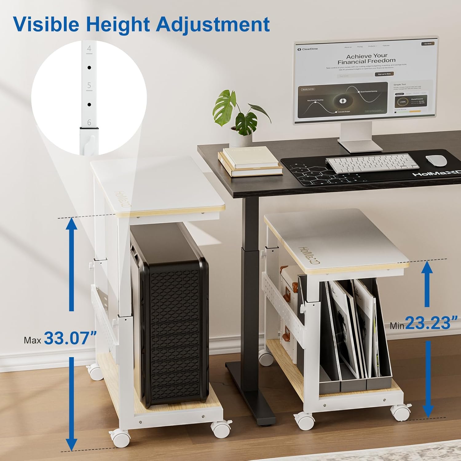 Height Adjustable Computer Tower Stand, 2-Tier ATX-Case CPU Holder with Mouse Pad & Headphone Stand, Mobile PC Standing Under Desk, Home Office Gaming Accessories, Computer Cart Wheels, Maple