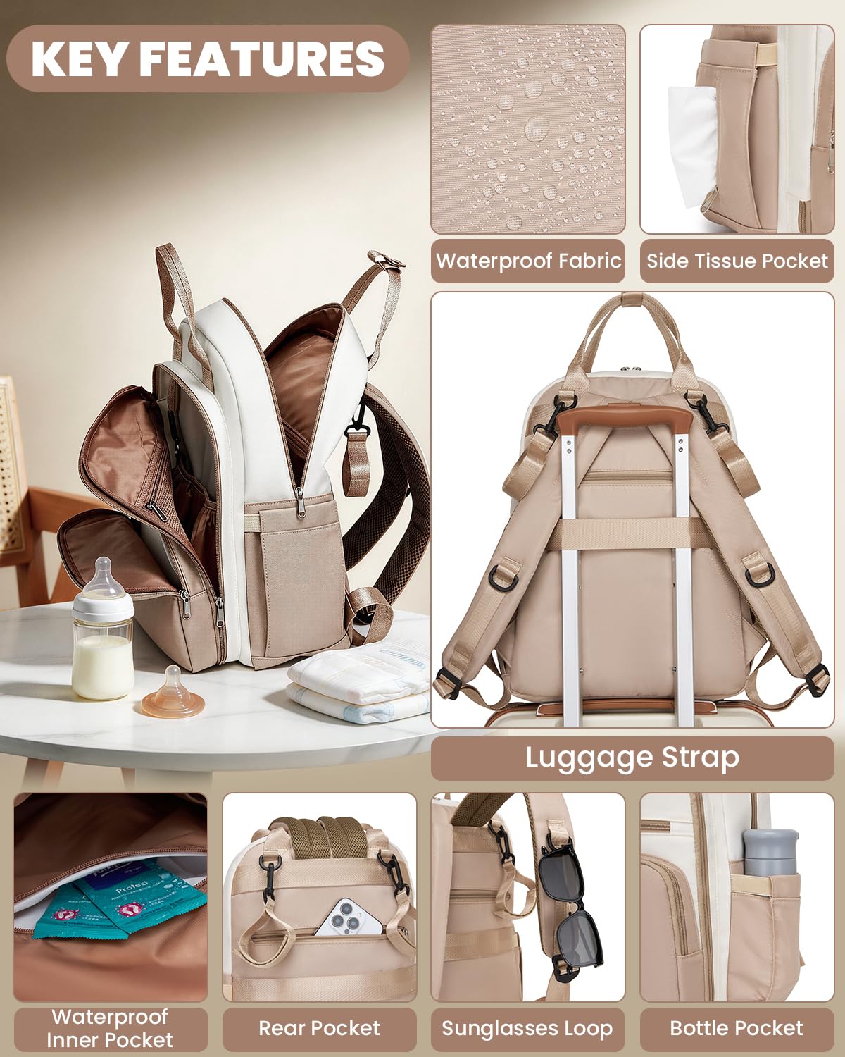 Miss Lulu Mochila Pañalera Bebé Impermeable Gran Capacidad, Mochila Maternidad Multifuncional con Correas para Cochecito, Bolsa Isotérmica para Biberones Ideal para Mamá y Papá en Viaje - 5