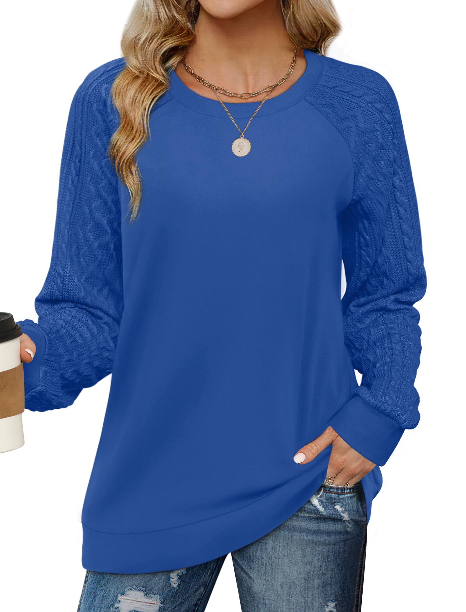 Saloogoe Sweatshirts for Women Crewneck Cable Knit Sleeve Sweaters Lightweight Fashion 2025