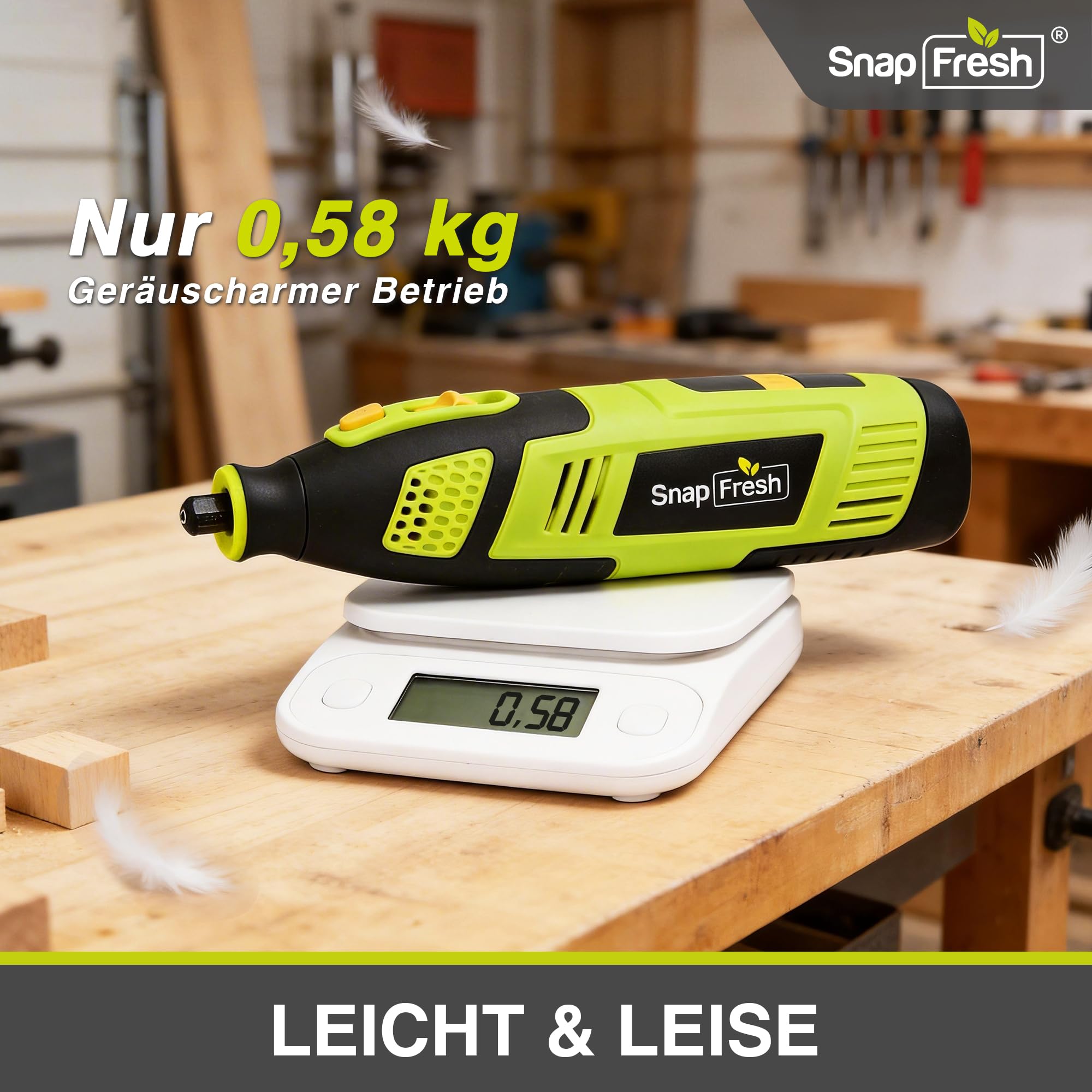 SnapFresh Akku-Rotationswerkzeug 12V Set mit 111 Zubehörteilen, variable Drehzahl 5.000–32.000 U/min, digitales Display & Drehzahlspeicher, zum Schleifen, Gravieren, Polieren & Bohren