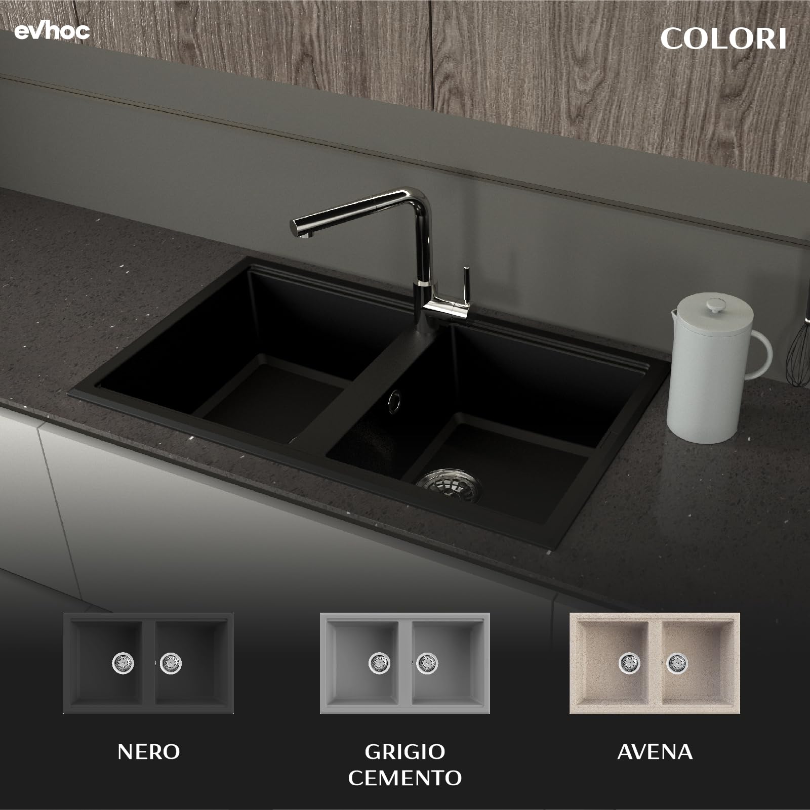 Evhoc Lavello Cucina Sopratop 86x51 cm, 2 Vasche, Lavandino Doppia Vasca in Kuarzite, Piletta Inclusa, Made in Italy, Nero, ADHOC M