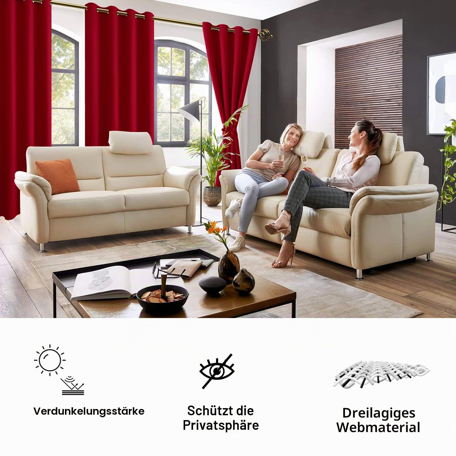 JIUZHEN Rot Gardinen Blickdicht Ösen Thermo Vorhang gegen Hitze H200xB140cm | 2er Set Fenster Vorhänge Hitzeschutz Blackout Curtains Wärmeisolierende Weihnachtsvorhänge Wohnzimmer Schlafzimmer Modern