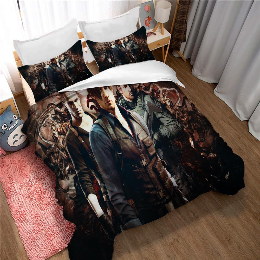 Ste-X Resident Evil 05 100% Cotton Duvet Cover Double Kids Resident Evil Bedding Set Printed Quilt Cover Set White And Blue All Season Bedding Set (200X200cm(Double),)