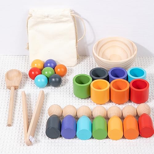 Miniatura 5 de Bolas Montessori en tazas de madera con clavijas en tazas, juguetes de clasificación de colores para niños pequeños y juego a juego, actividades de