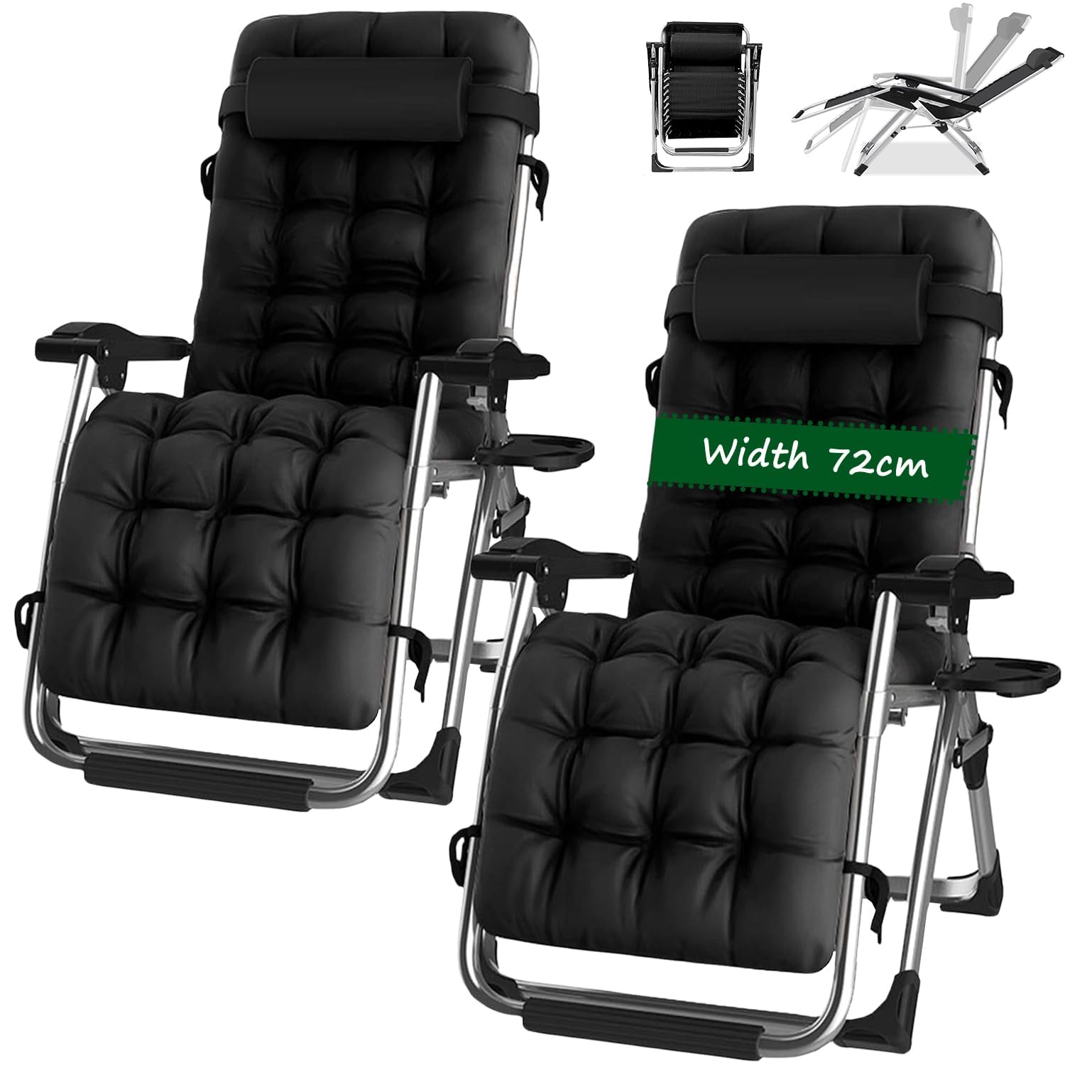 PETHOMEL Zero Gravity Chairs,Outdoor Reclining Garden Chair Folding Sunloungers with Cup Holder/Headrest Pillow(B- with black cushion, Set of 2)