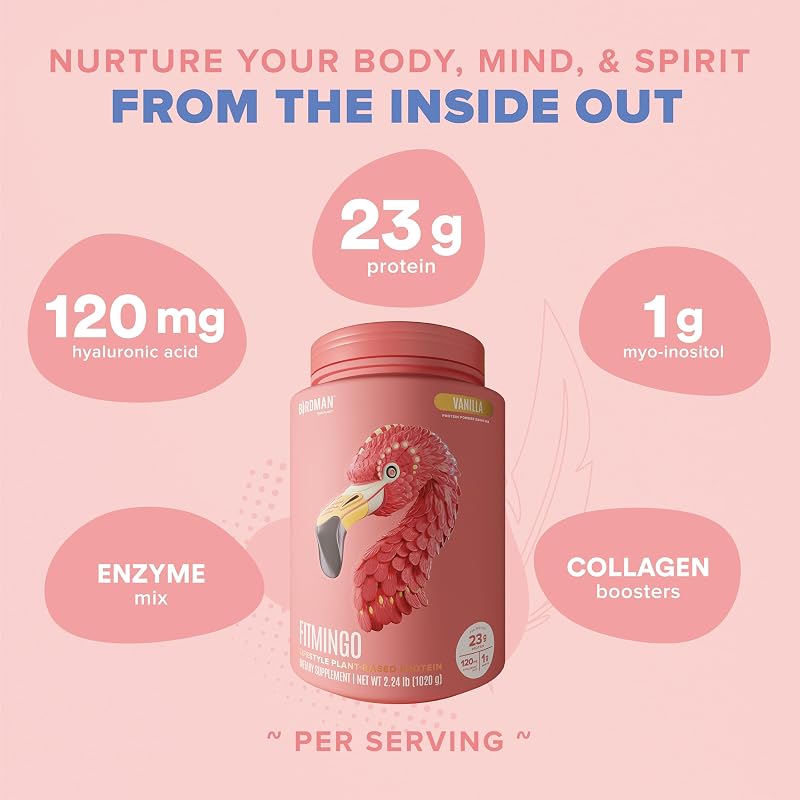 BIRDMAN Fitmingo Vegan Protein Powder with Inositol, Collagen Boosters, Hyaluronic Acid and Vitamins | Low Carb, Dairy Free, Lactose Free, Low Calorie | 23g Plant Based Vanilla Protein Powder image 4