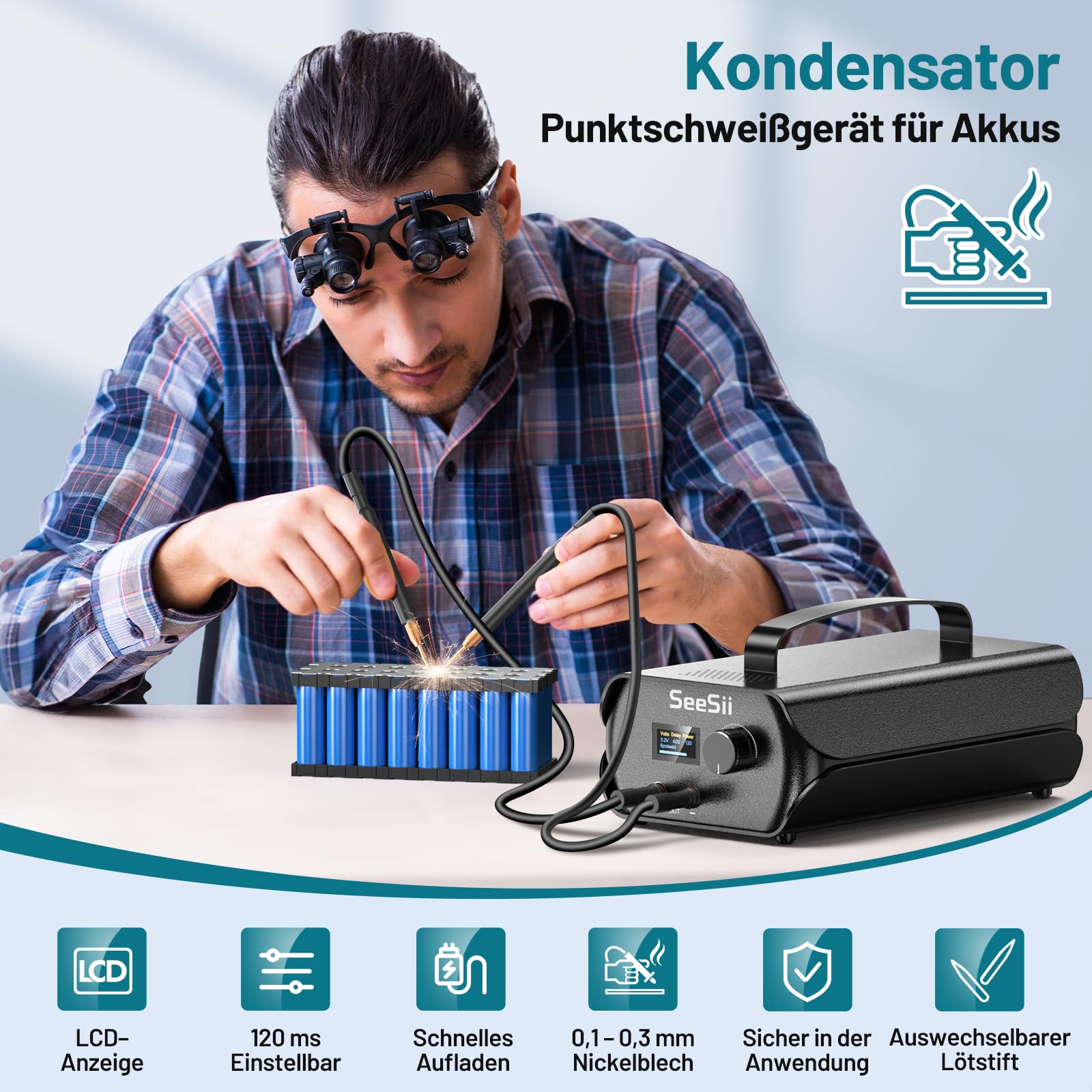 SeeSii Kondensator Punktschweißgerät, 3000F Punktschweißgeräte mit Farad-Kondensatoren, 4 Schweißnadeln, Spot Welder für 0,1-0,3 mm Nickelband, 120 Gänge, von Zylindrischen Batterien usw.