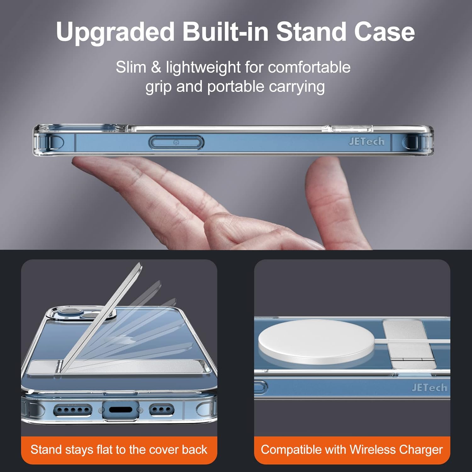 JETech Kickstand Case for iPhone 13, 6.1-Inch, Support Wireless Charging, Slim Shockproof Bumper Phone Cover, 3-Way Metal Stand (Clear) - Image 3