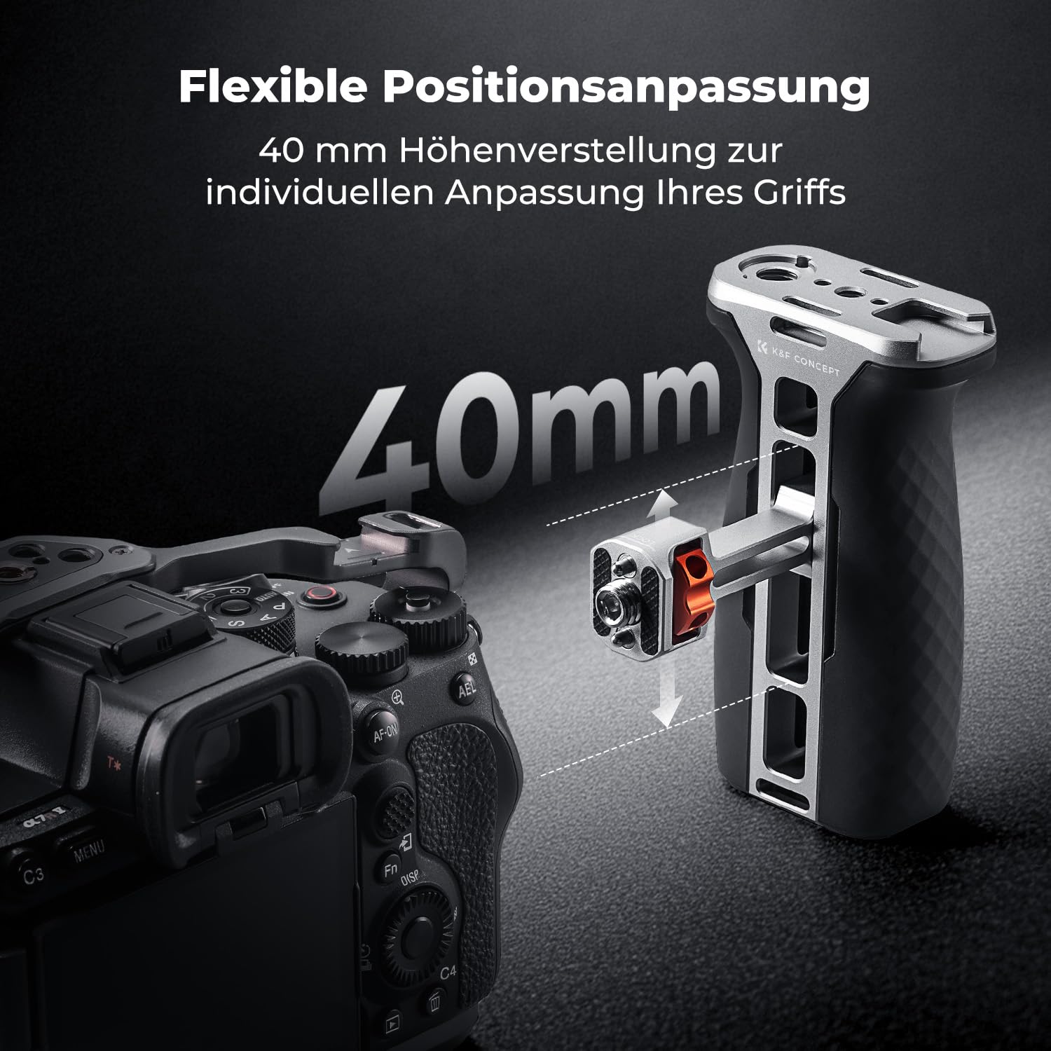 K&F CONCEPT Seitengriff für Kamerakäfige, Side Handle mit 3/8" Locating Schraube für ARRI und mit Schnellverschluss für NATO-Schiene,mit Kaltschuh und Gewindeloch,40mm nach Oben/unten verstellbar