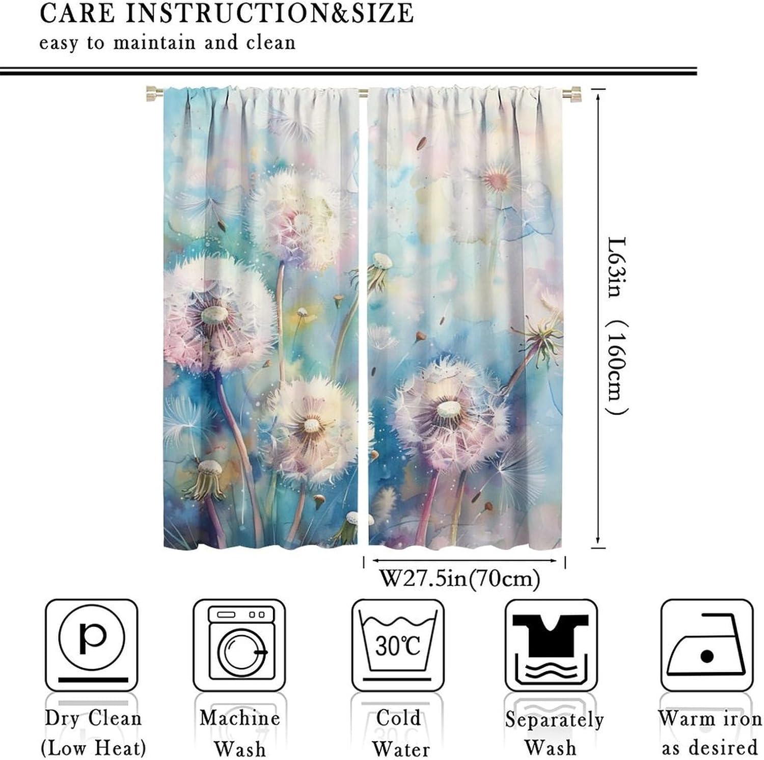 Abstract Garden Blackout Curtains for Bedroom Living Room, Rod Pocket Cartoon Dandelion Leaf Curtains Thermal Insulated Window Drapes 2 Panels, Each 27.5W x 63L