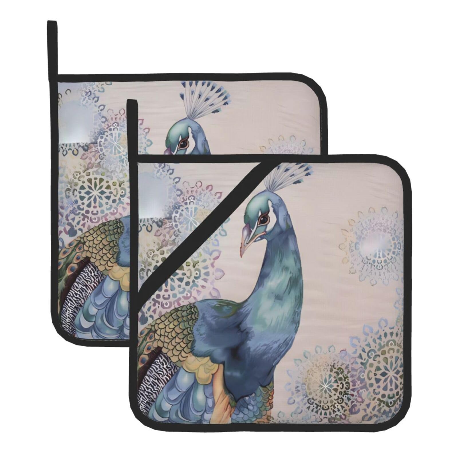 HJFCZH Beautiful peacock Prints Square Hot Pads for Kitchen Counter - Waterproof Pot Holders, Durable Heat Resistant Throw Layers for Serving, Oven & BBQ - 2 Pack