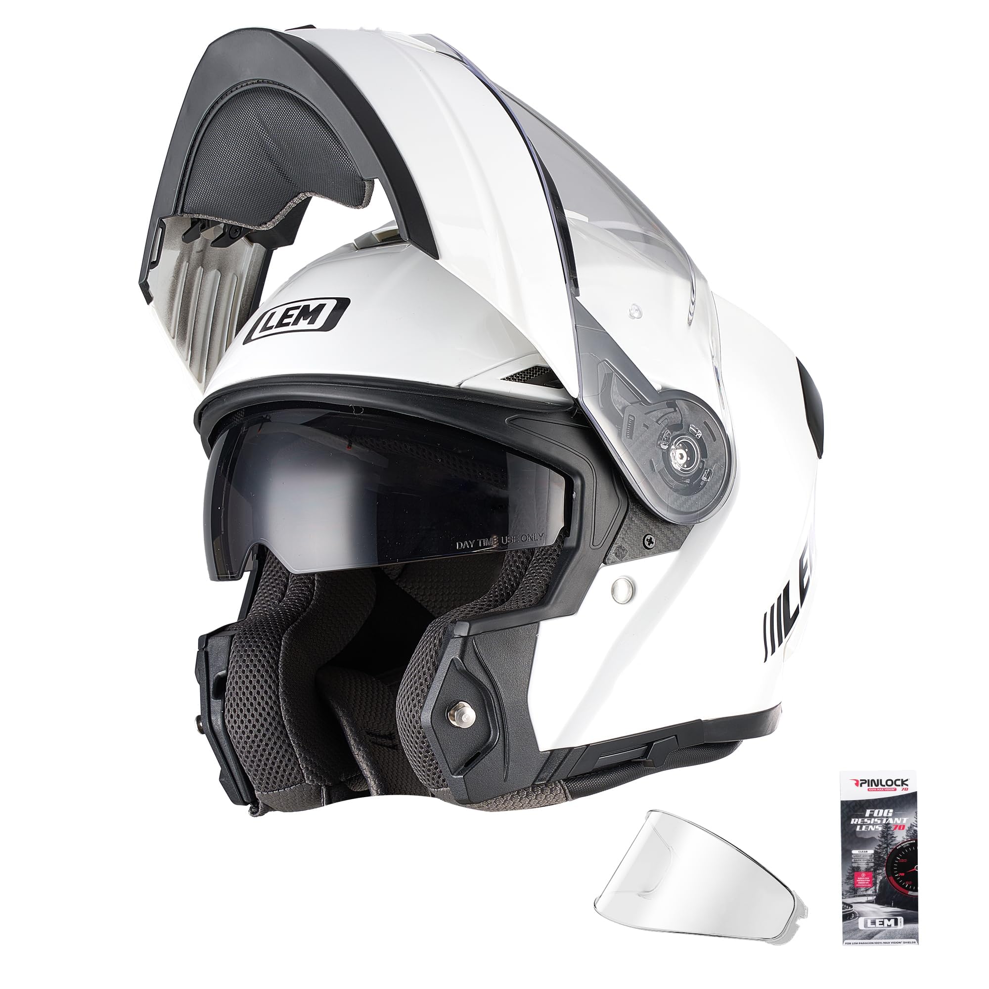 LEM Modular Motorcycle Helmets Fiberglass, Full Face Motorcycle Helmet Flip Up for Touring, DOT Certified, Release Sun Visor & Removable Liner, Lightweight Street Bike Helmet (White, XL) Carver : Automotive