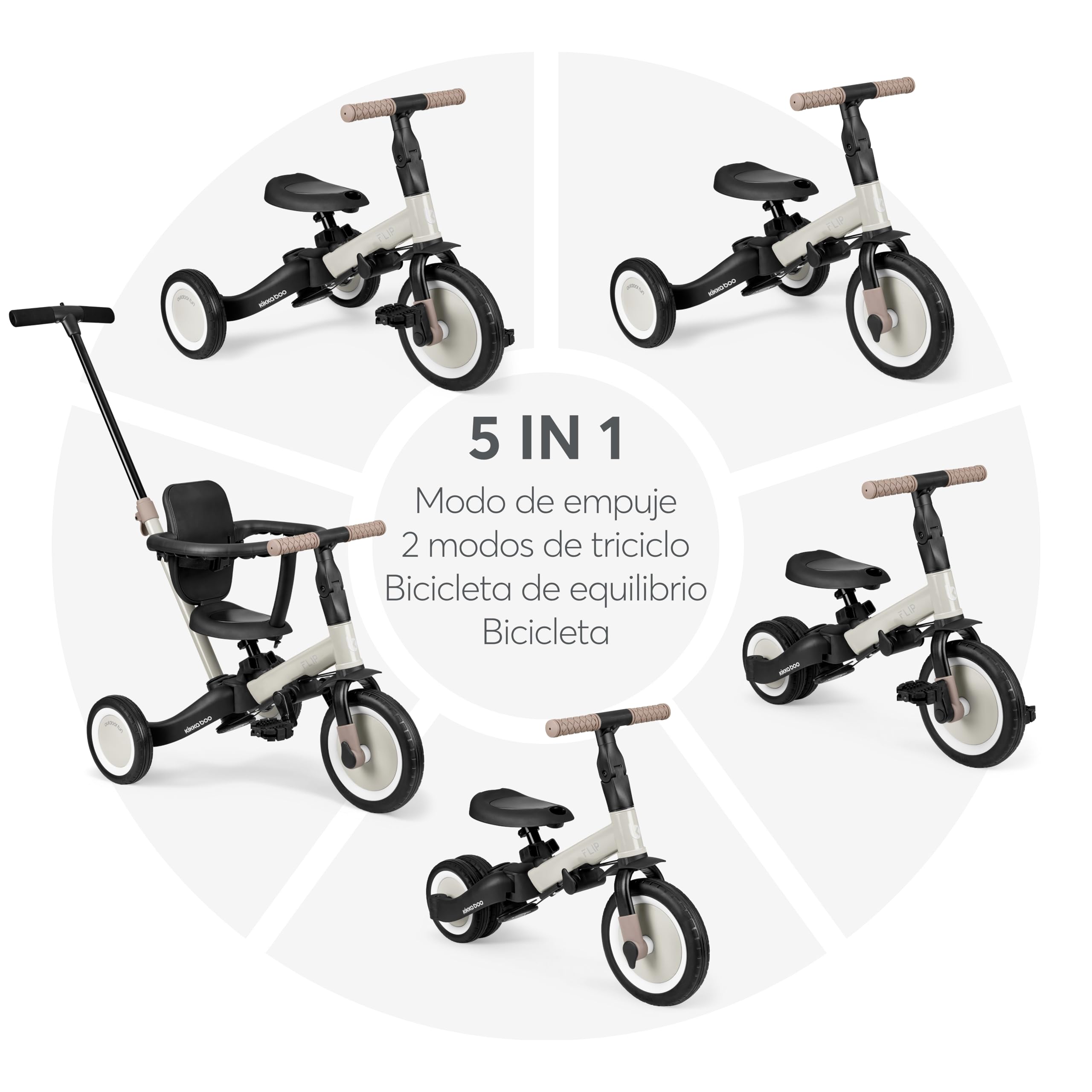 KikkaBoo FLIP, Triciclo Evolutivo de Bebé 5 en 1, Bicicleta con o sin Pedales, Ajustable y Transformable, Beige, Desde 1 Año Hasta 5 Años