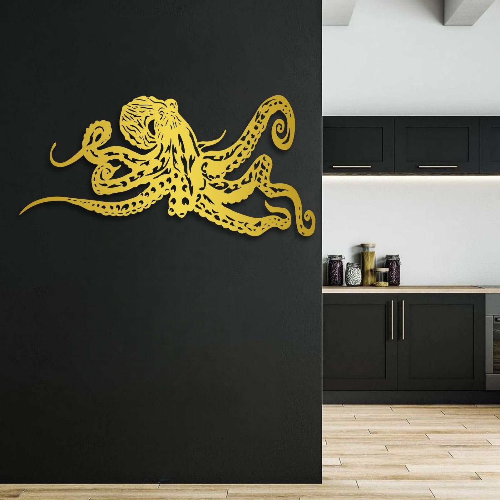 Metalowa ośmiornica ośmiornica życie morskie dekoracja ścienna do domu, salonu, sypialni, wewnątrz i na zewnątrz (czarny, 150 x 72 cm, lar