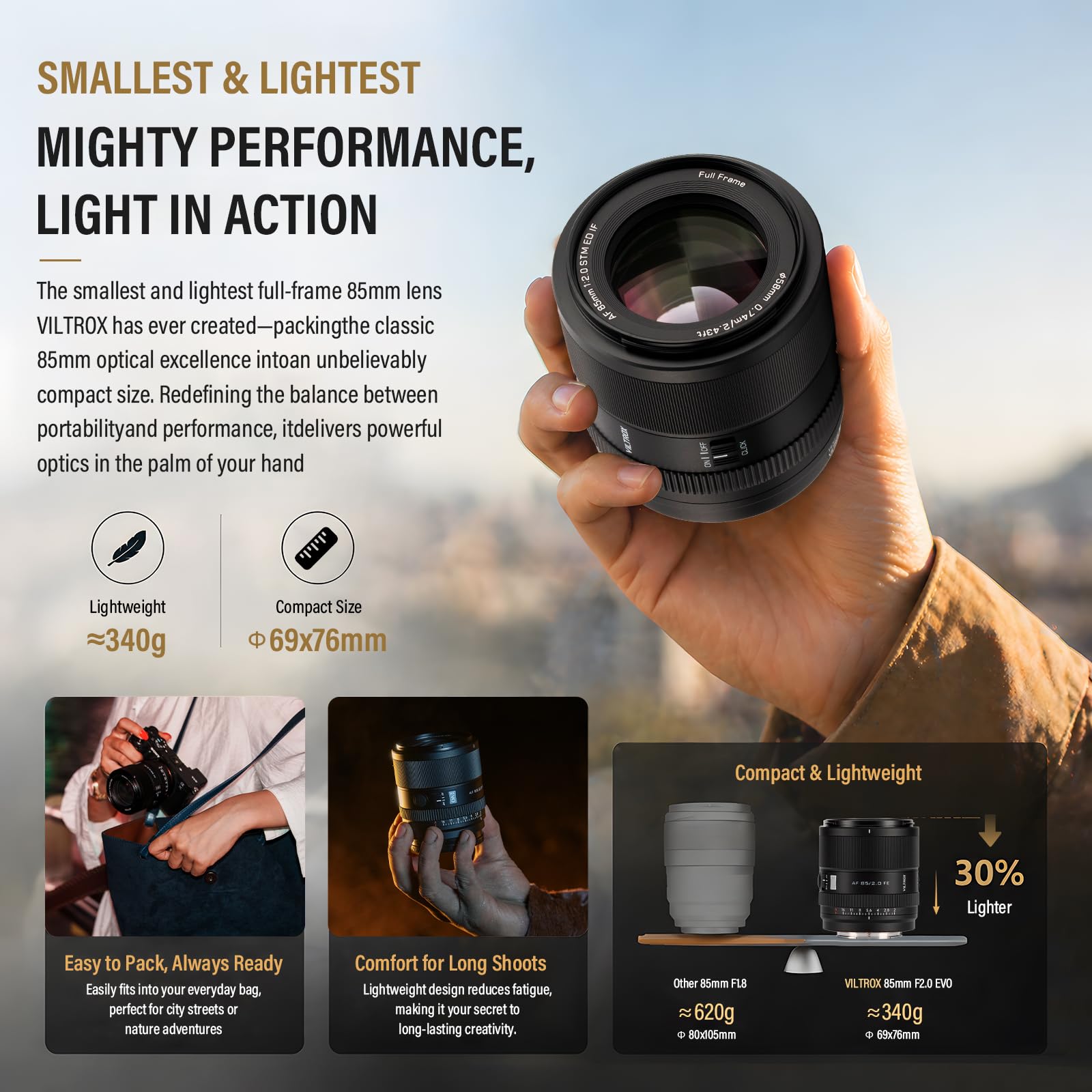 VILTROX 85mm F2.0 EVO FE Mount Fotográfico Objetivo con Sony E Camera Lenses Full Frame Gran Apertura Autofoco para Sony A93 A7CII ZVE1 A7RV FX3 A1 A7C ZV-E10II FX30 A6700 A5000
