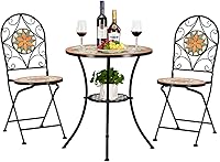 VINGLI 3-Piece Mosaic Bistro Set: Outdoor Patio Table with 2 Folding Chairs, Black Iron Frame for Garden Poolside