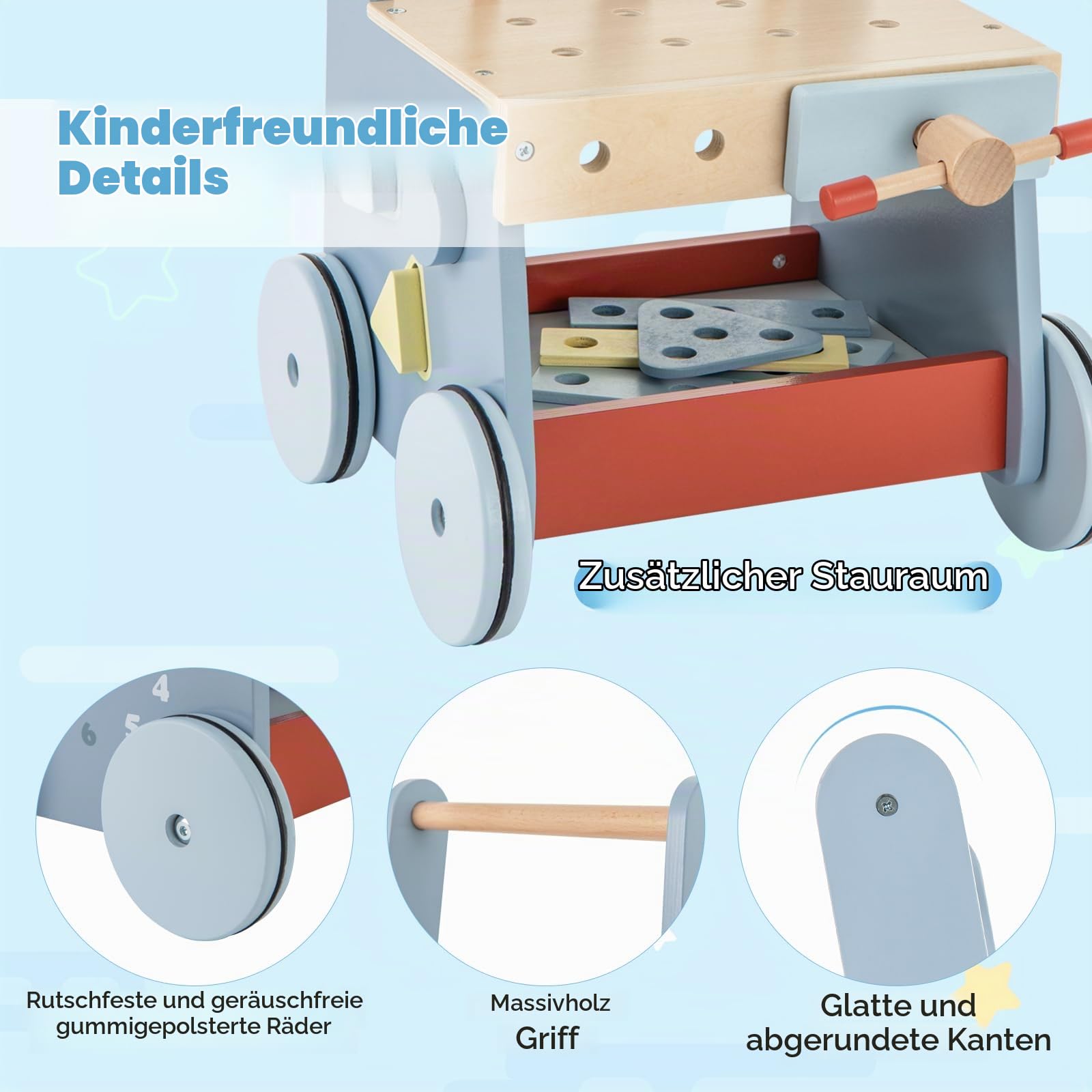 FANTASK 2 in 1 Lauflernwagen, Lauflernhilfe aus Holz, Montessori Kinder Werkbank Spieltisch, Multi-Aktivitätszentrum für Kinder ab 1 Jahr