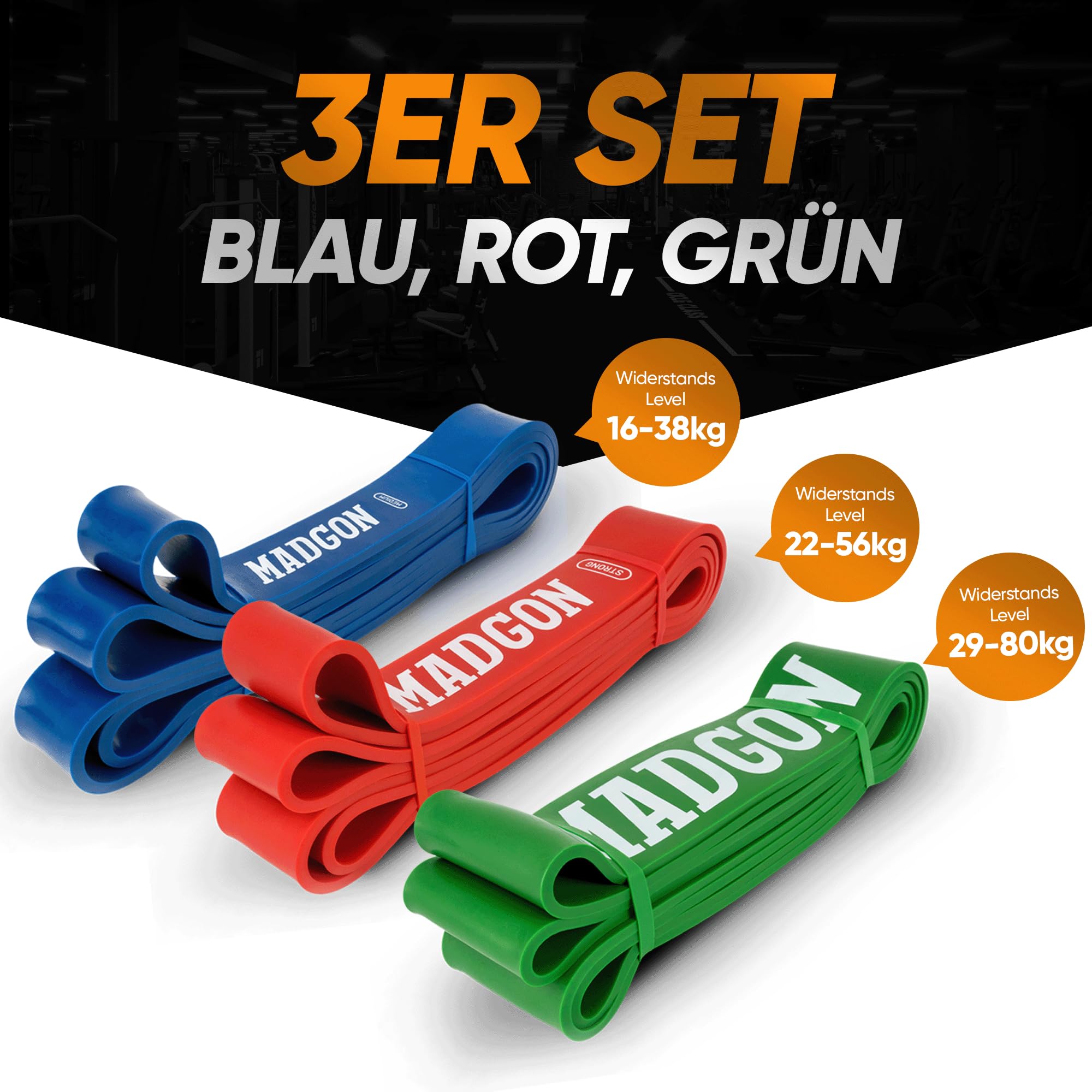 MADGON Bande Elastiche di Resistenza (Come Fascia Singola in 5 Punti di Forza o in Set) – Resistance Band Antistrappo con Borsa e Guida PDF - Elastici Fitness