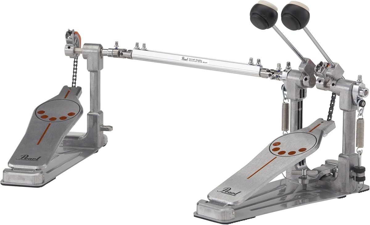 Pedal de bombo doble Pearl P932 Longboard con transmisión por cadena sin ruedas dentadas, pedalera Powershifter y levas dobles intercambiables.