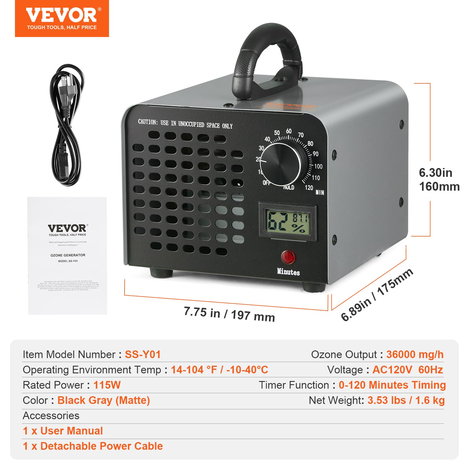 VEVOR Générateur d'Ozone Purificateur d'Air 36000 mg/h Générateur O3 pour Éliminer les Odeurs Commercial Industriel 115 W Grande Capacité Minuterie 0-120 min pour Chambres Voitures Animaux Domestiques