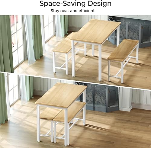 Miniatura 3 de Tatub Juego de mesa de comedor para 4, mesa de cocina de 3 piezas con 2 bancos, juego de mesa de comedor que ahorra espacio para rincón de desayuno