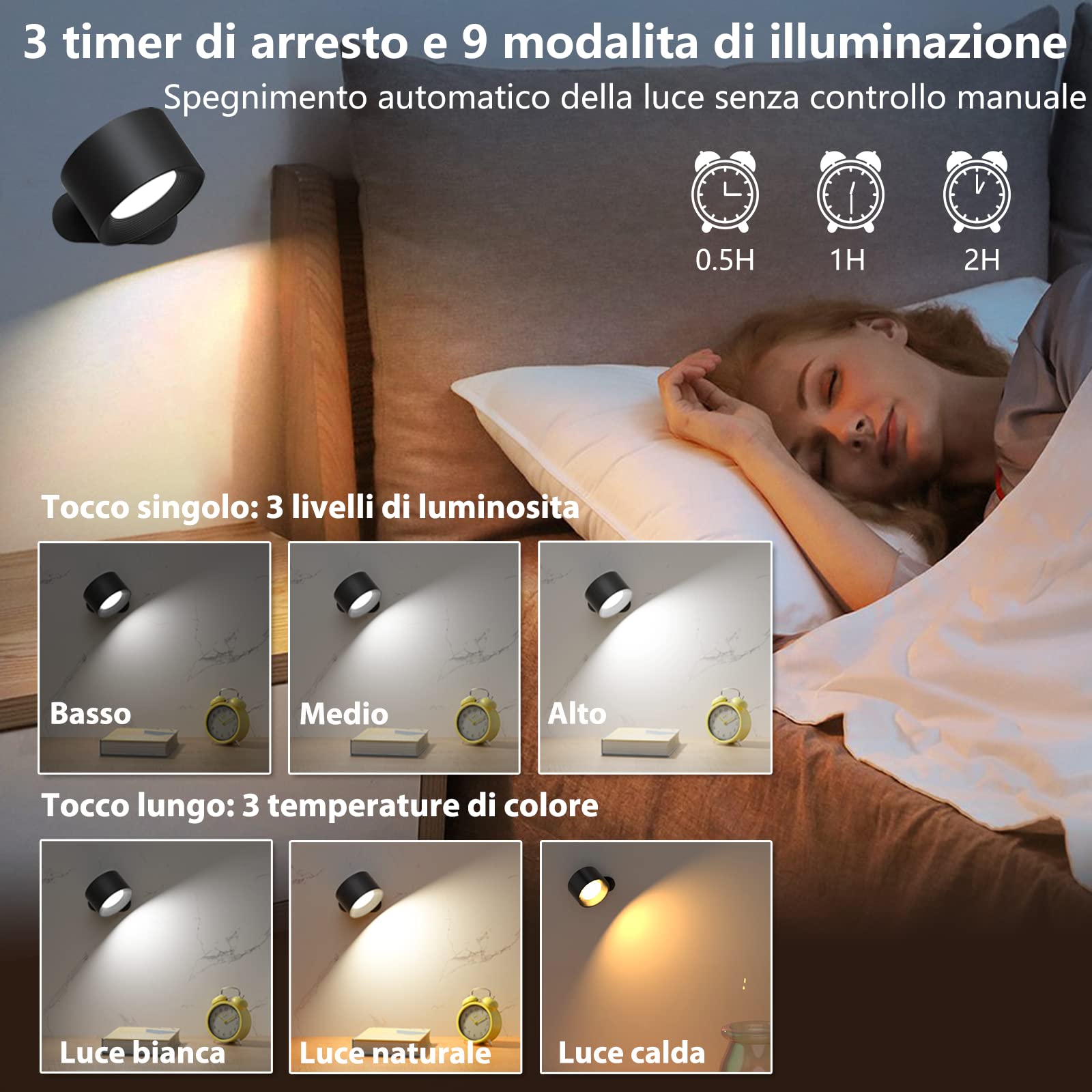 Coollamp Applique a batteria, Applique da parete interno con telecomando, batteria ricaricabile, 3 modalità di colore, 3 dimmer, rotazione di 360 °, Lampada muro per la lettura, camera da letto-1pc