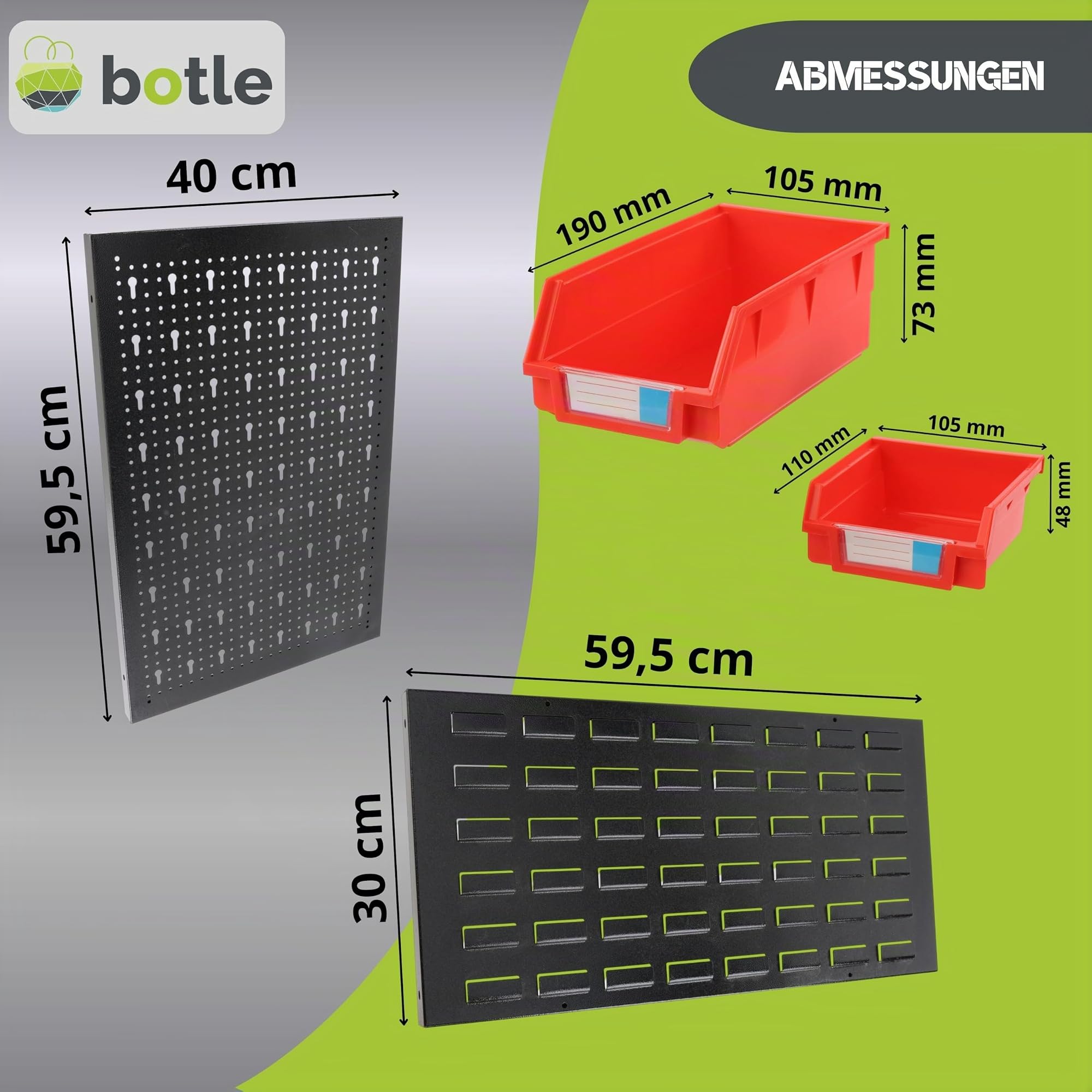 botle® Werkzeugwand Lochwand aus Metall, Stapelboxen + Wandregal + Werkzeughalter 57-tlg Set, Kleinteilelager, Wandwerkstatt mit 30 stapelbaren Rot Behältern, Hängeregal Sortierregal